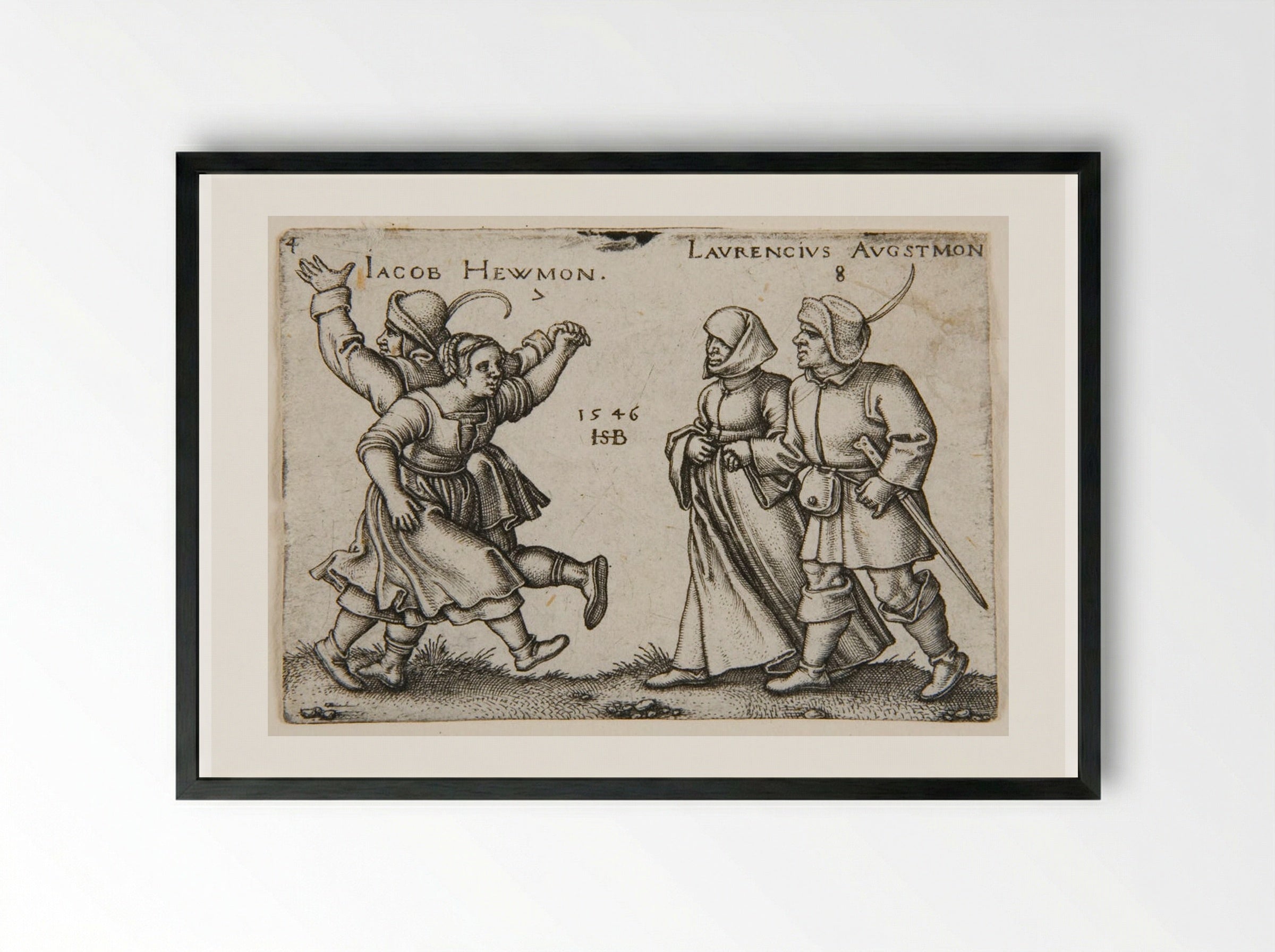A Couple Dancing and a Couple Walking - Sebald Beham - Framed Print Black