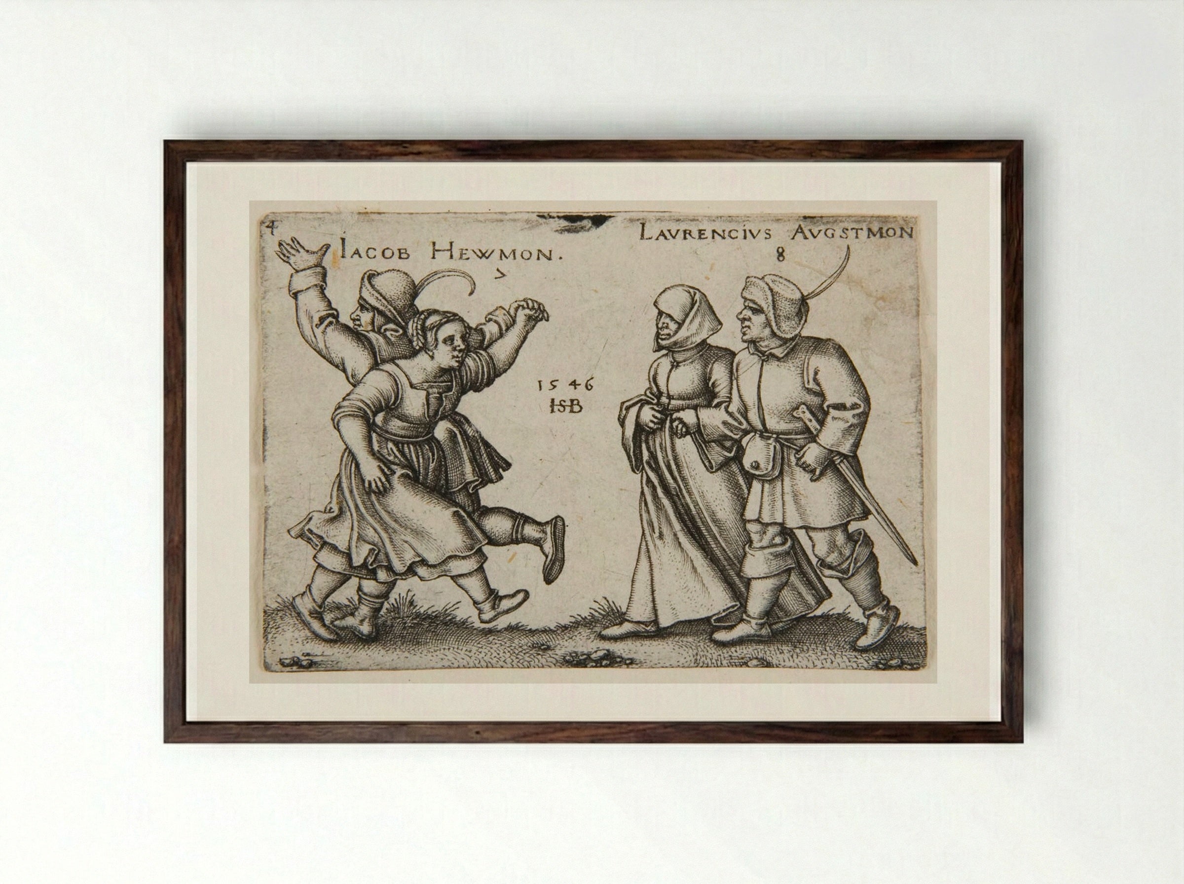 A Couple Dancing and a Couple Walking - Sebald Beham - Framed Print Dark Wood