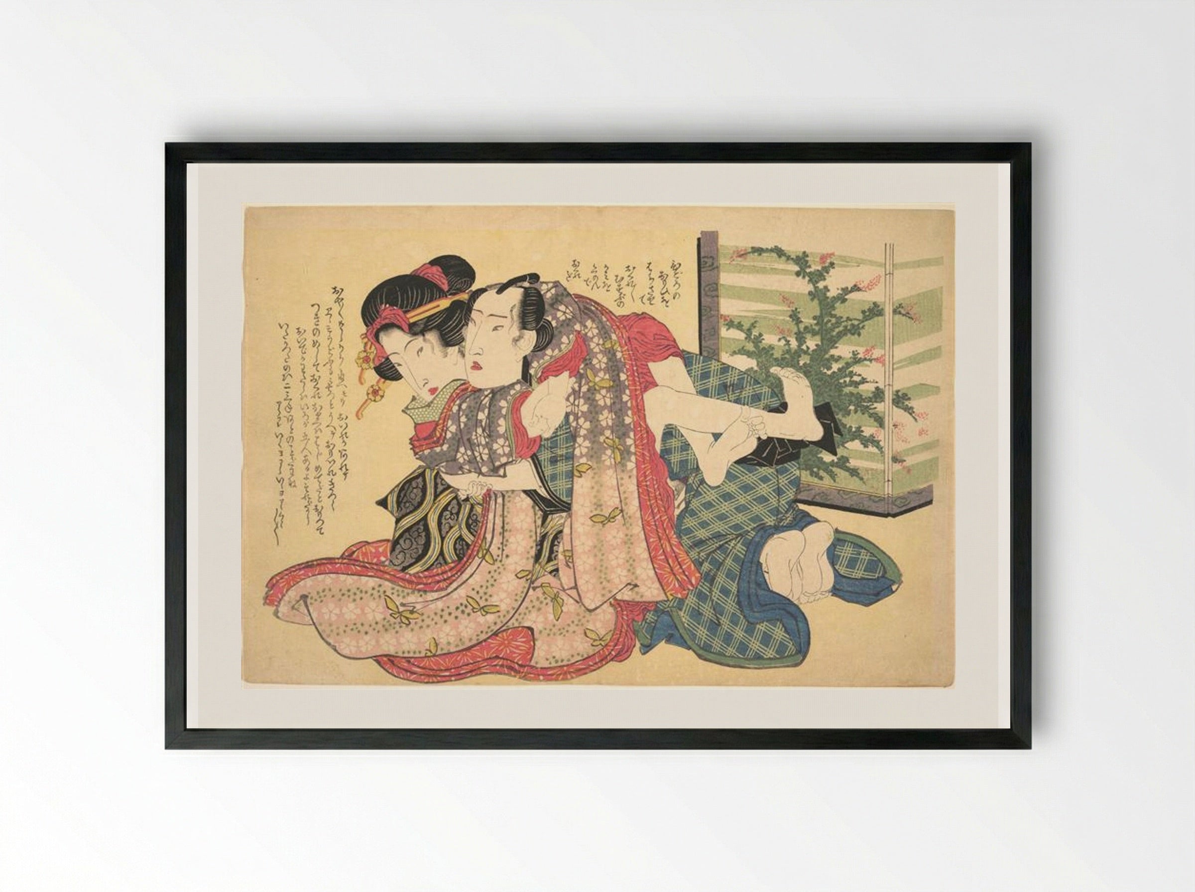 A Couple Locked in an Embrace - Keisai Eisen - Framed Print Black