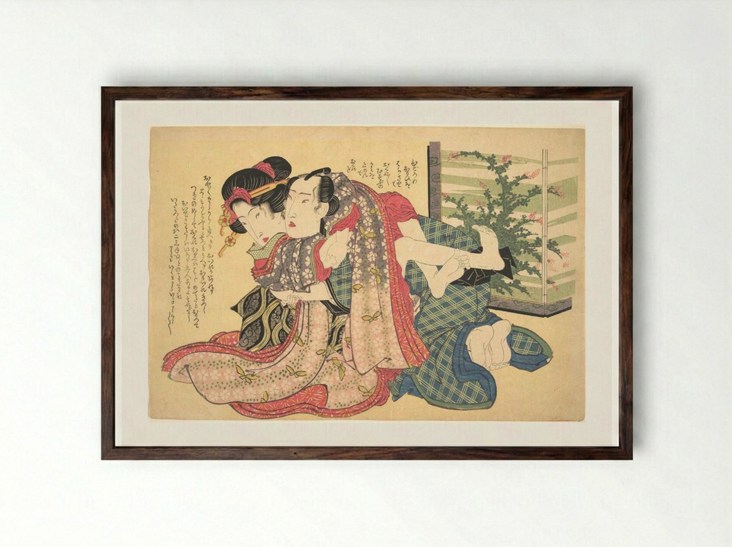 A Couple Locked in an Embrace - Keisai Eisen - Framed Print Dark Wood