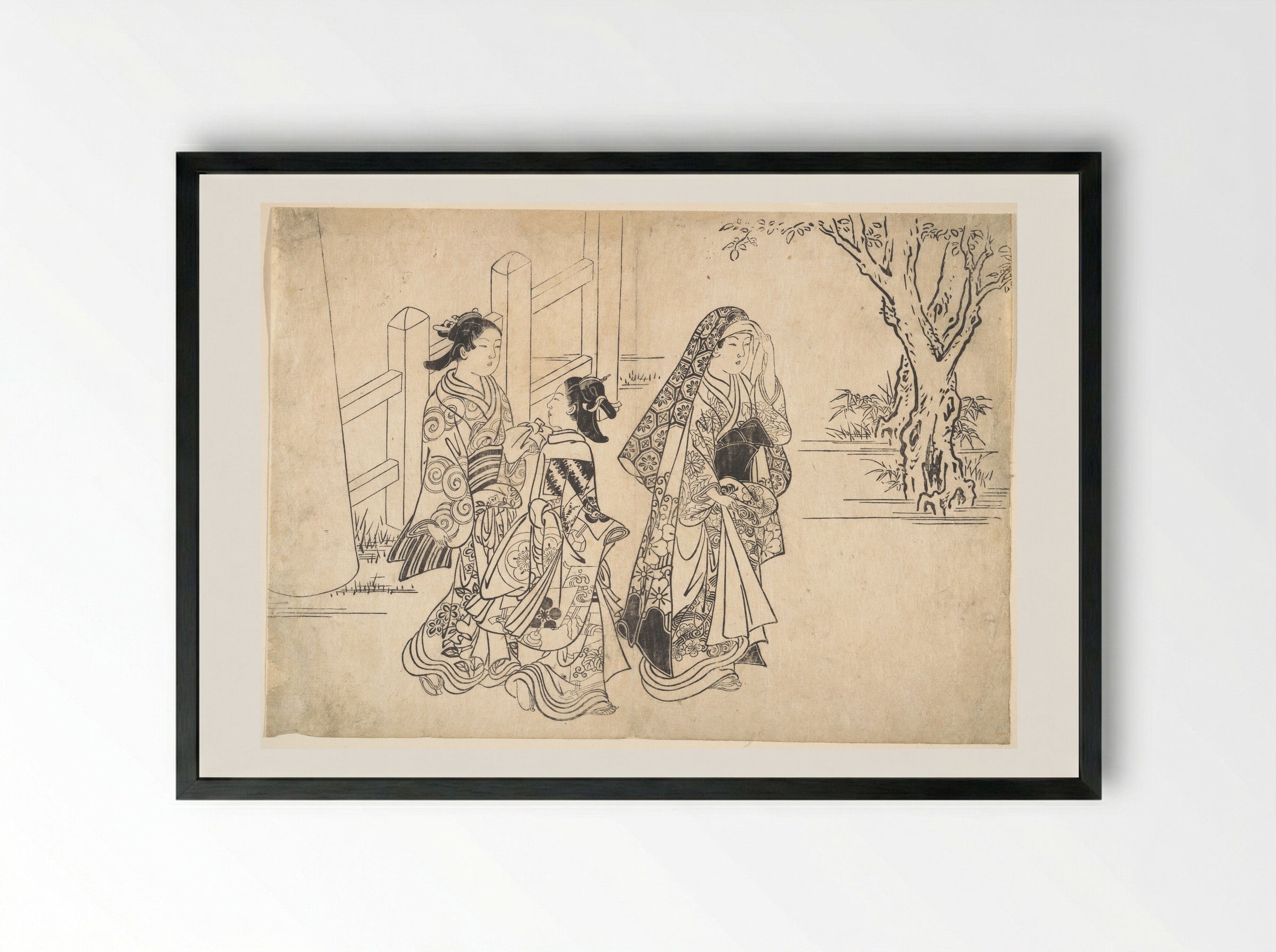 A Courtesan Followed by Two Girl Attendants - Nishikawa Sukenobu - Framed Print Black