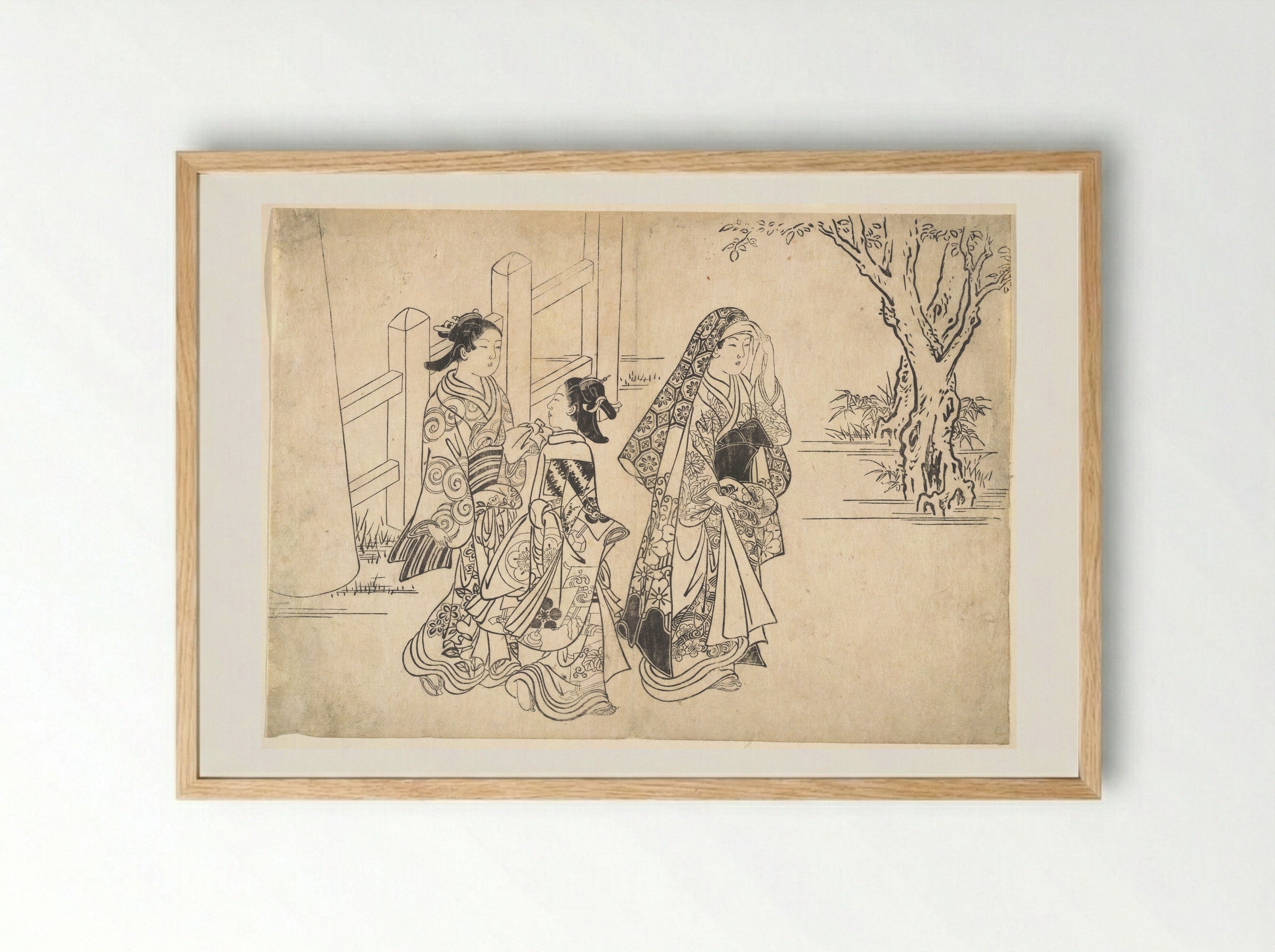A Courtesan Followed by Two Girl Attendants - Nishikawa Sukenobu - Framed Print Wood