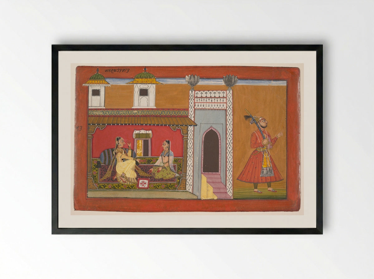 A Courtesan and Her Lover Estranged by a Quarrel - Devidasa of Nurpur - Framed Print Black