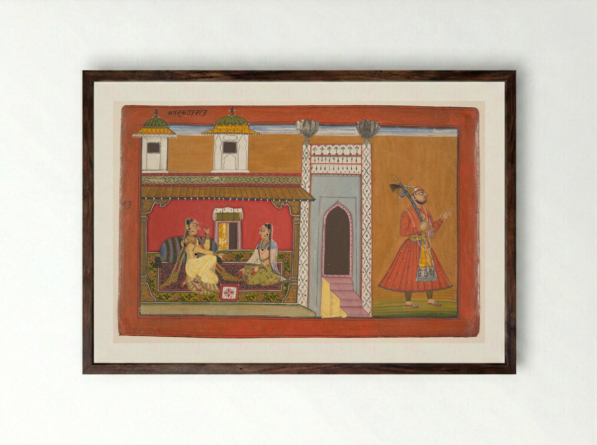 A Courtesan and Her Lover Estranged by a Quarrel - Devidasa of Nurpur - Framed Print Dark Wood