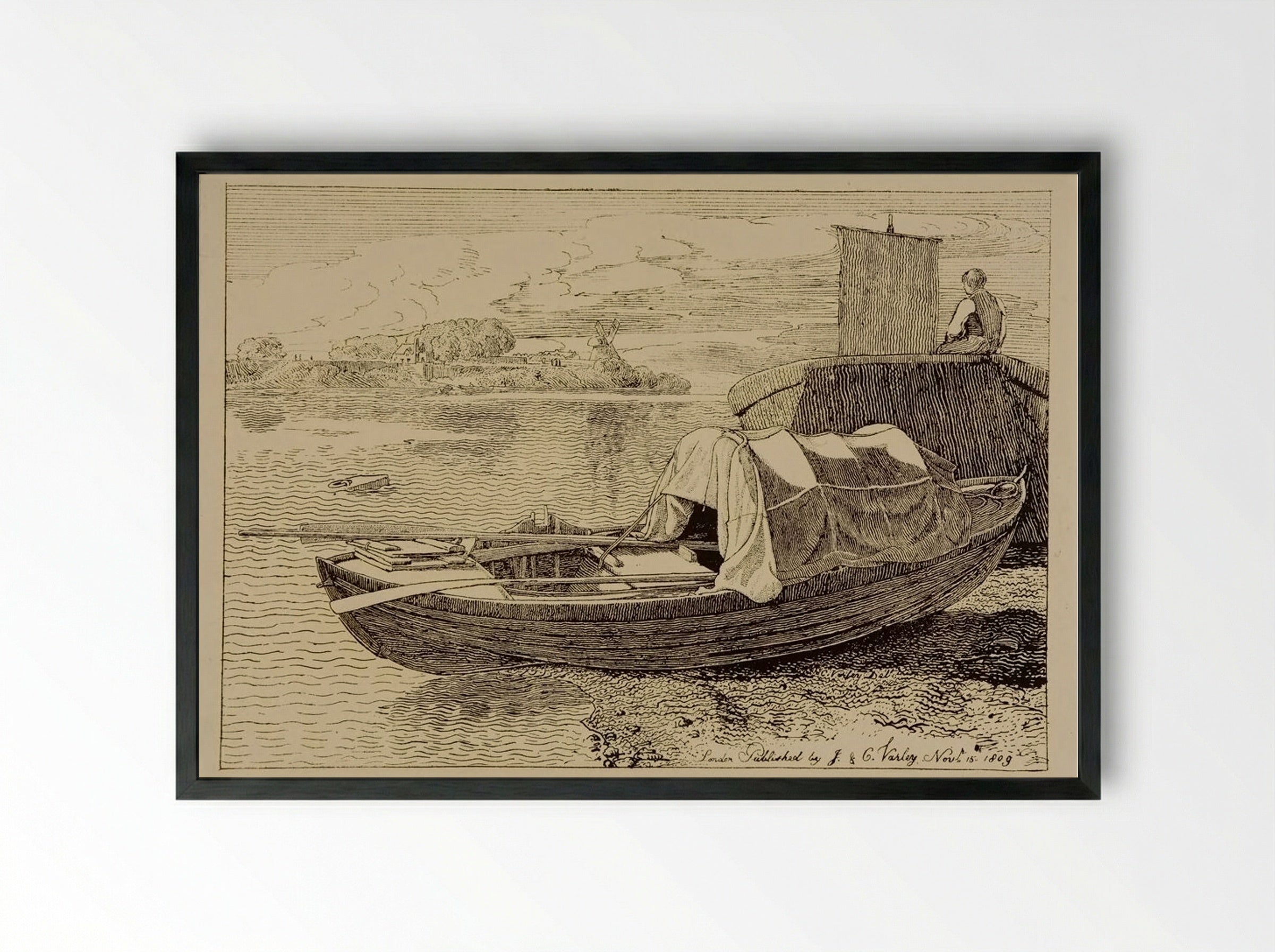 A Covered Fishing Boat Pulled Up on the Shore, a Windmill in the Distance - Cornelius Varley - Framed Print Black