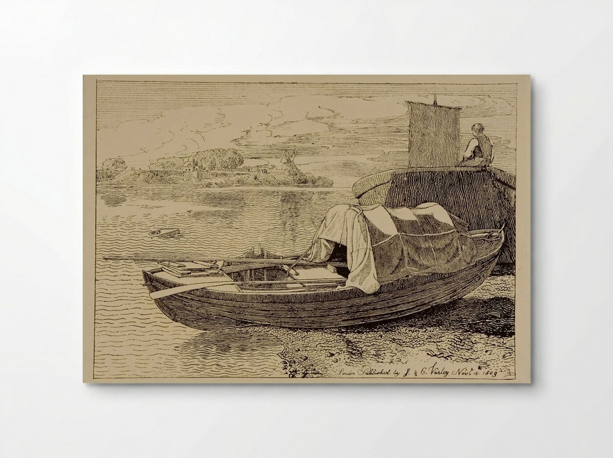 A Covered Fishing Boat Pulled Up on the Shore, a Windmill in the Distance - Cornelius Varley - Poster