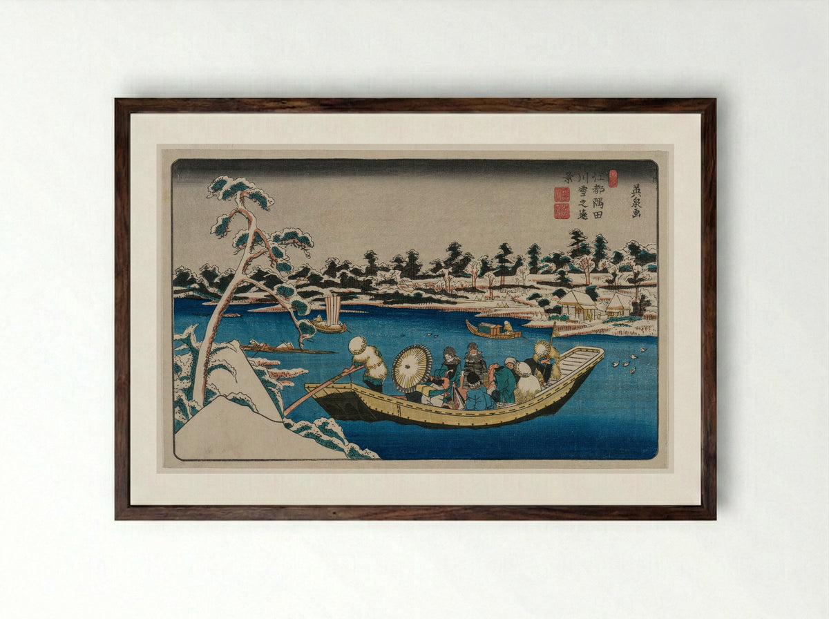 A Distant View of Snow on the Sumida River in Edo - Ikeda Eisen - Framed Print Dark Wood