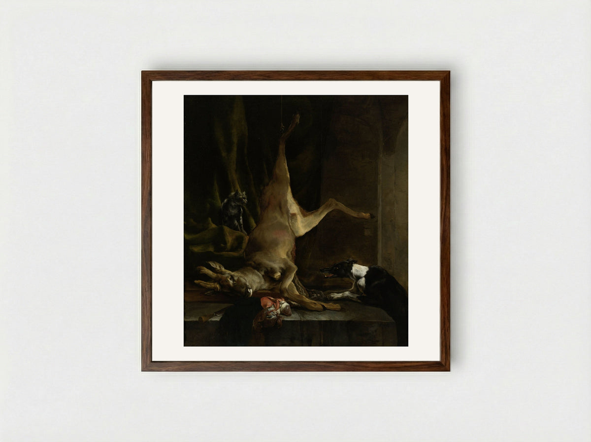 A Dog and a Cat with a Half-Dressed Roe Deer - Jan Baptist Weenix - Framed Print Dark Wood