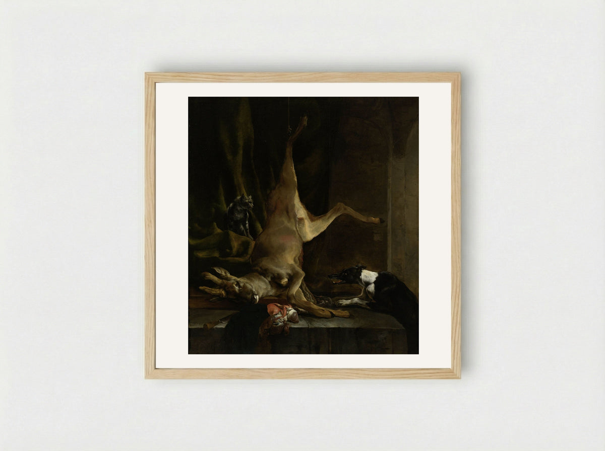 A Dog and a Cat with a Half-Dressed Roe Deer - Jan Baptist Weenix - Framed Print Wood