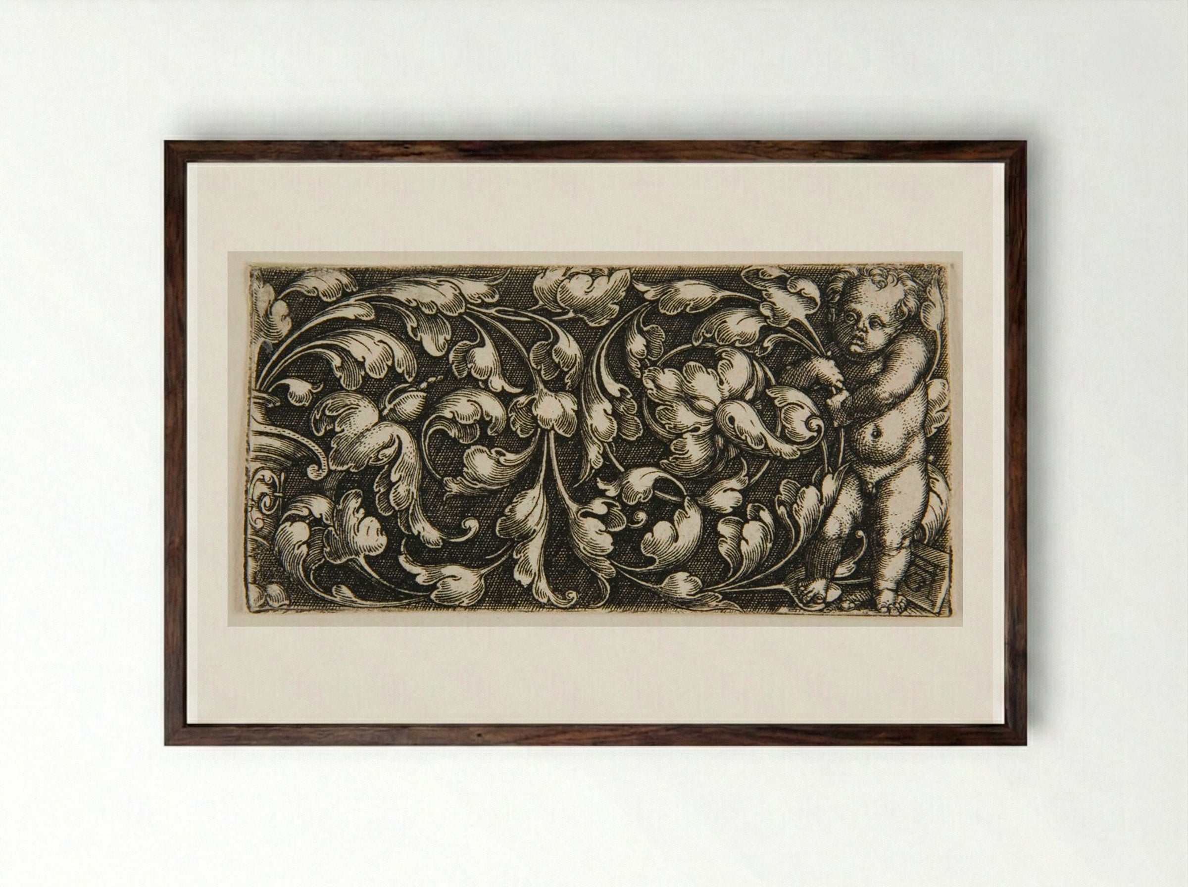 A Double Scroll of Leaf Ornament with a Putto Standing at the Right - Heinrich Aldegrever - Framed Print Dark Wood