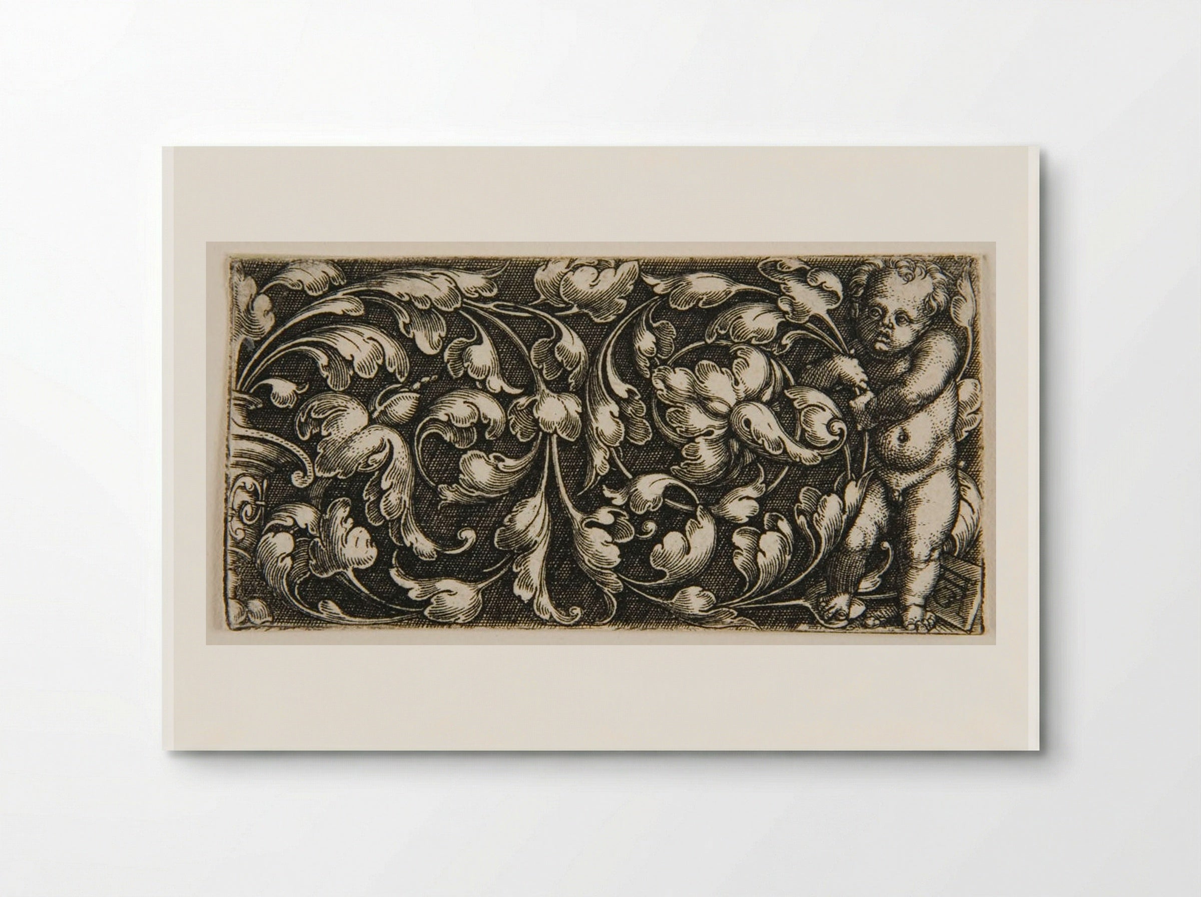 A Double Scroll of Leaf Ornament with a Putto Standing at the Right - Heinrich Aldegrever - Poster