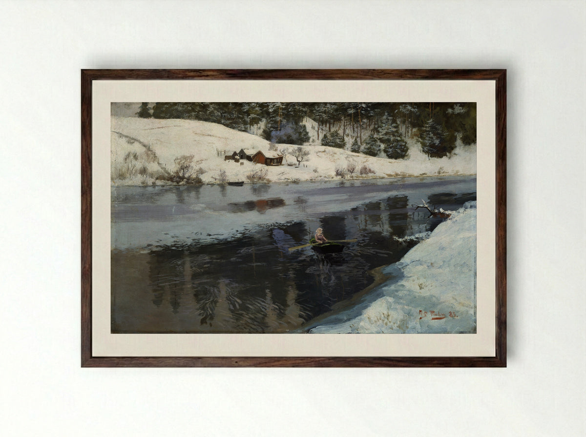 A Factory Building near an Icy River in Winter - Frits Thaulow - Framed Print Dark Wood