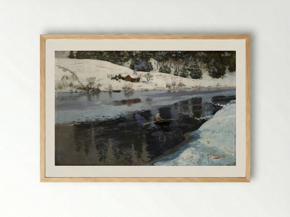 A Factory Building near an Icy River in Winter - Frits Thaulow - Framed Print Wood