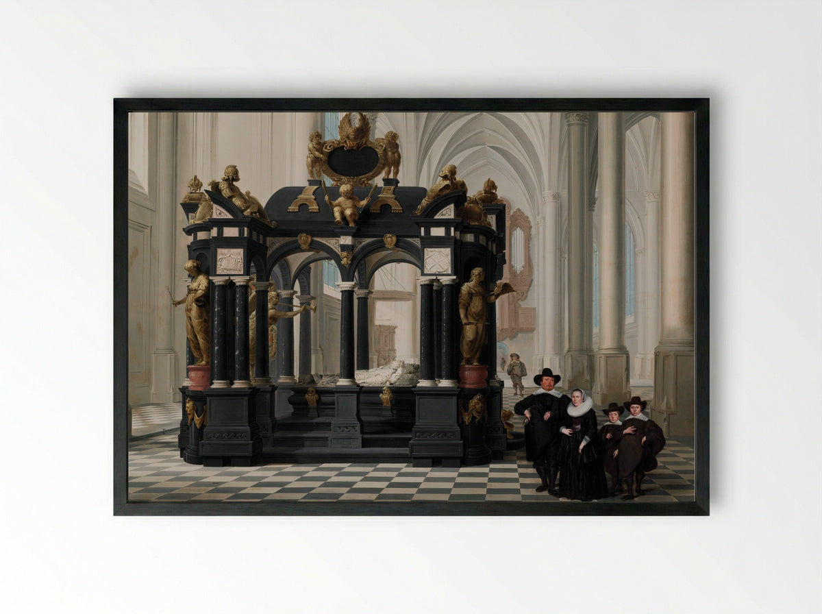 A Family beside the Tomb of Prince William I in the Nieuwe Kerk, Delft - Dirck van Delen - Framed Print Black