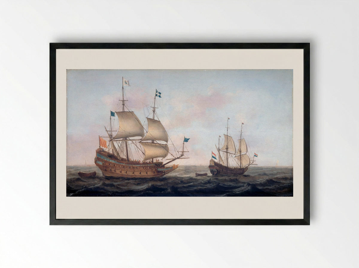 A French Warship and a Dutch Yacht at Sea - Jacob Gerritz. Loef - Framed Print Black