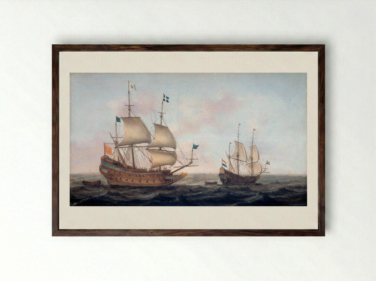 A French Warship and a Dutch Yacht at Sea - Jacob Gerritz. Loef - Framed Print Dark Wood