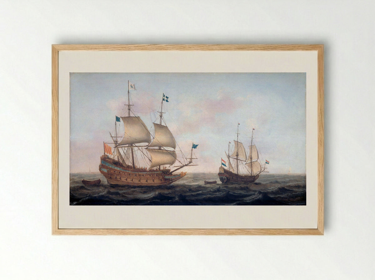 A French Warship and a Dutch Yacht at Sea - Jacob Gerritz. Loef - Framed Print Wood