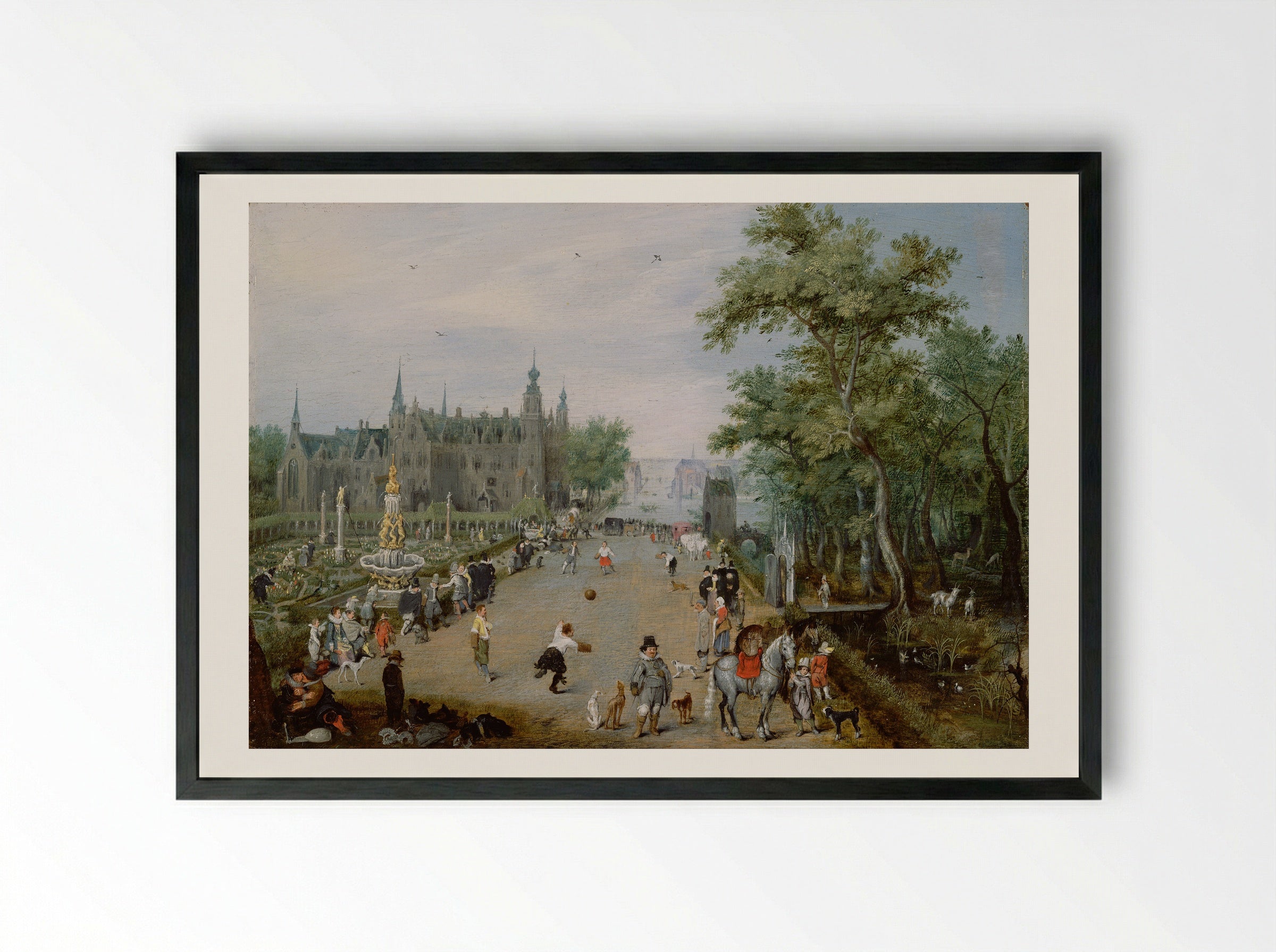A Game of Handball with Country Palace in Background - Adriaen van de Venne - Framed Print Black