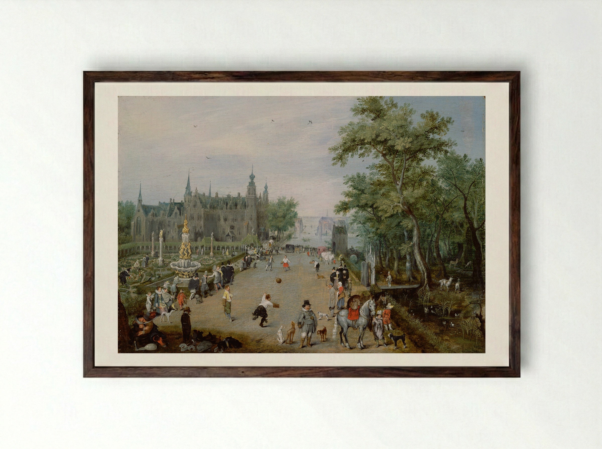 A Game of Handball with Country Palace in Background - Adriaen van de Venne - Framed Print Dark Wood