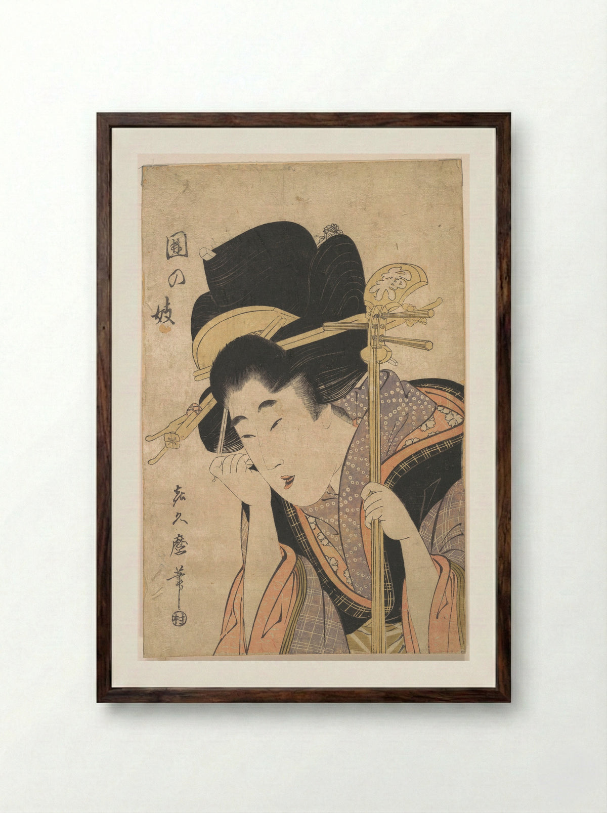 A Geisha with a Shamisen - Kitagawa Kikumaro - Framed Print Dark Wood