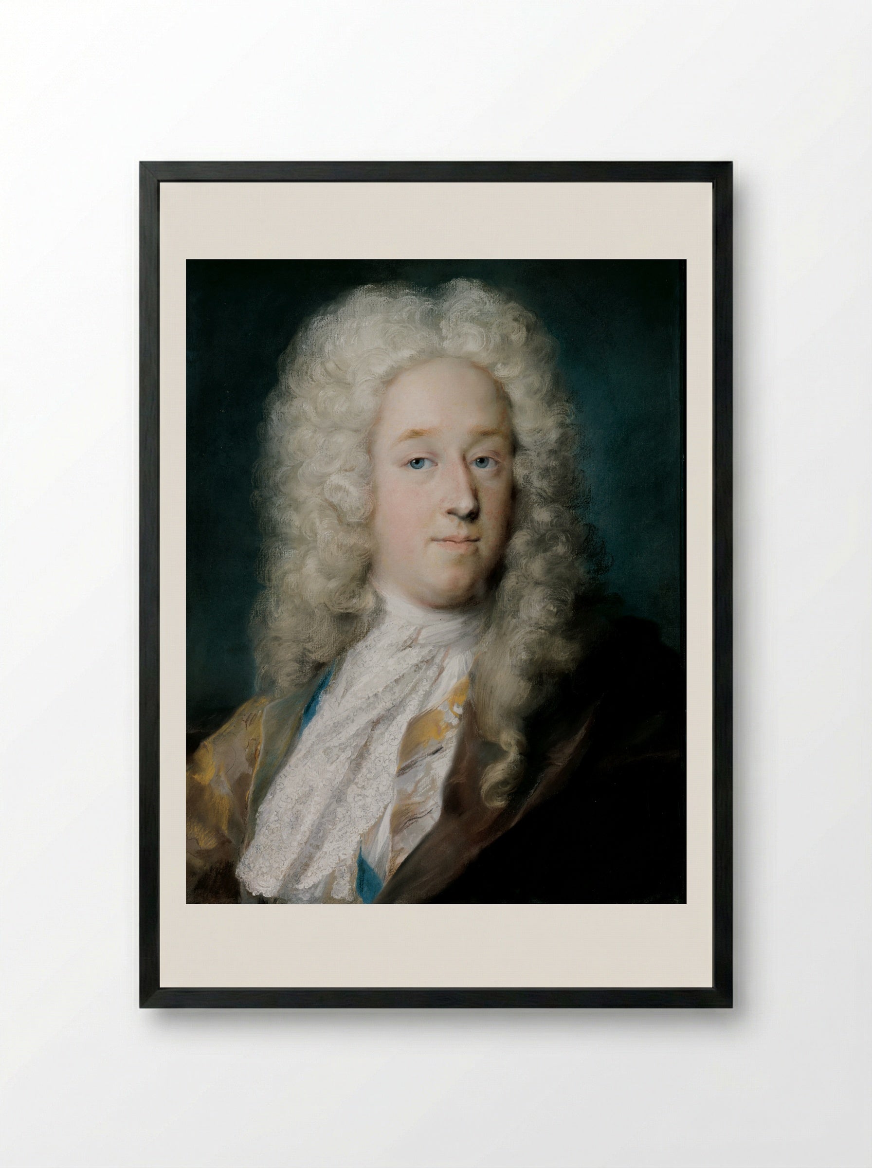 A Gentleman in a Gold Patterned Coat and Violet-Brown Cape - Rosalba Carriera - Framed Print Black
