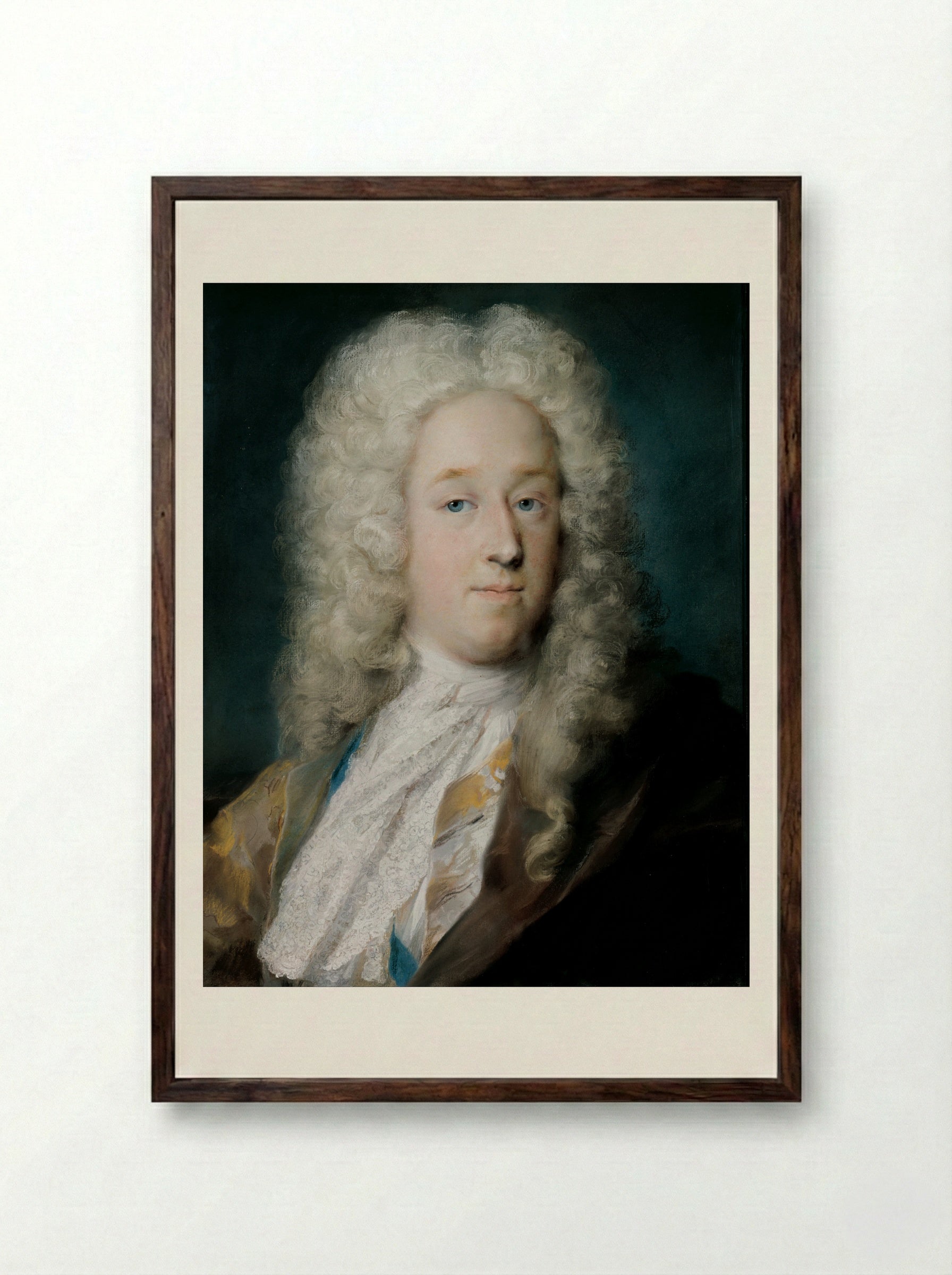 A Gentleman in a Gold Patterned Coat and Violet-Brown Cape - Rosalba Carriera - Framed Print Dark Wood