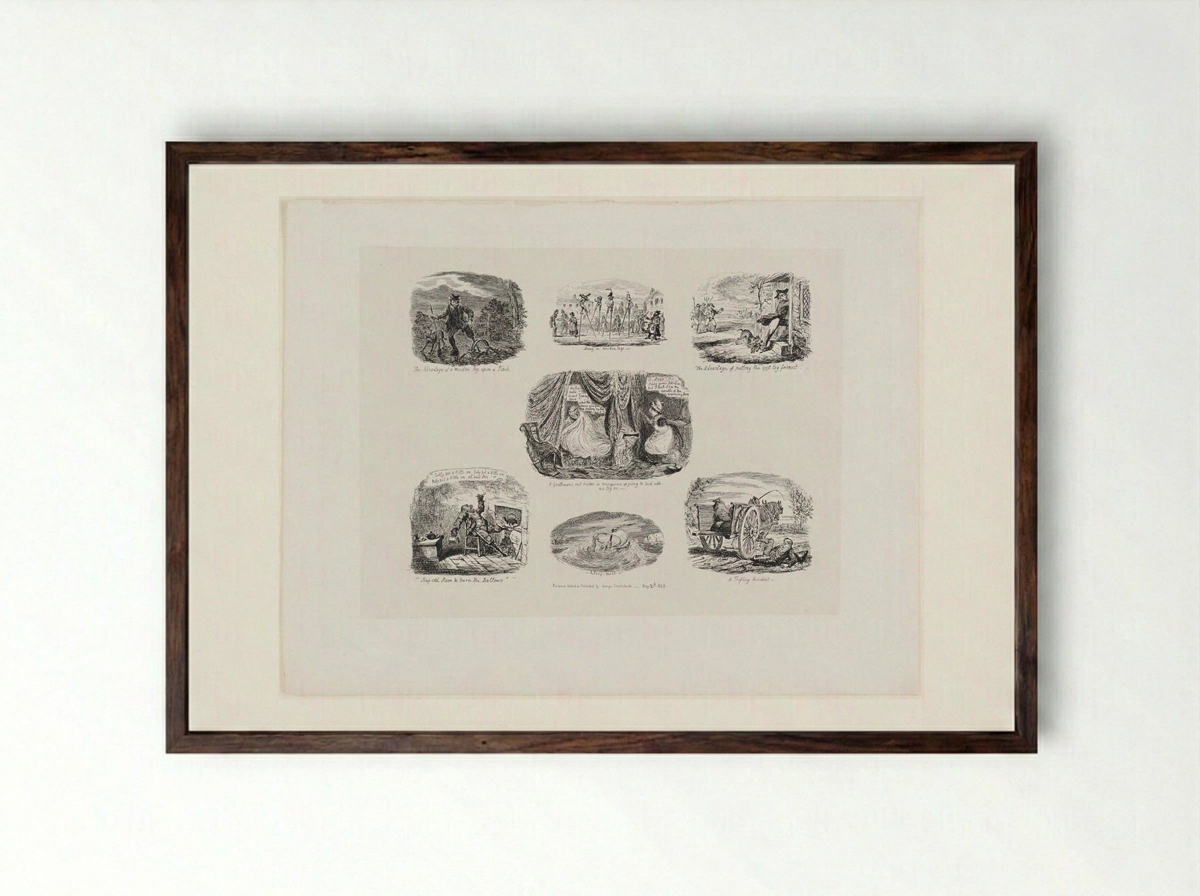 A Gentleman's Rest Broken in Consequence of Going to Bed with his Leg On - George Cruikshank - Framed Print Dark Wood