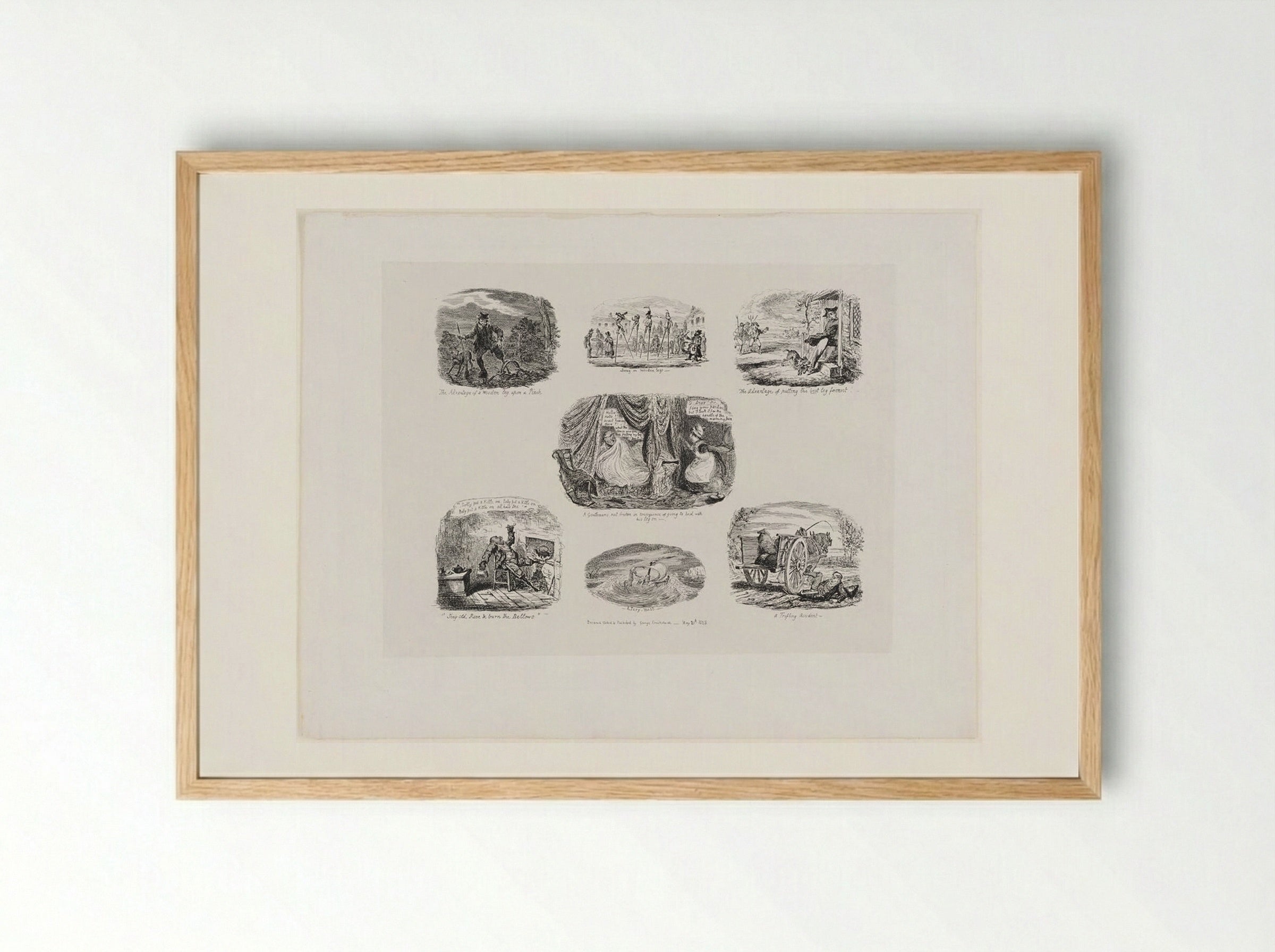 A Gentleman's Rest Broken in Consequence of Going to Bed with his Leg On - George Cruikshank - Framed Print Wood
