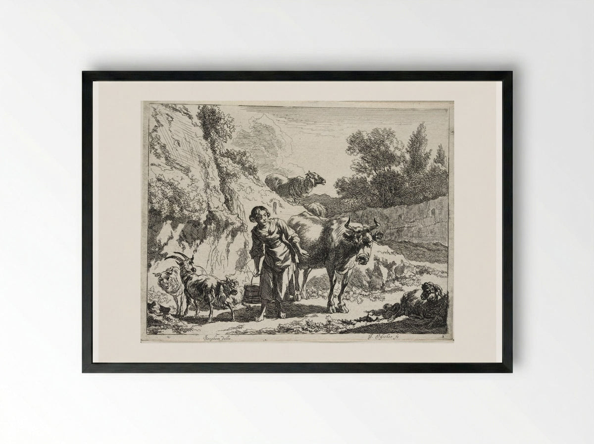 A Girl Carrying a Bucket - Johannes Visscher - Framed Print Black