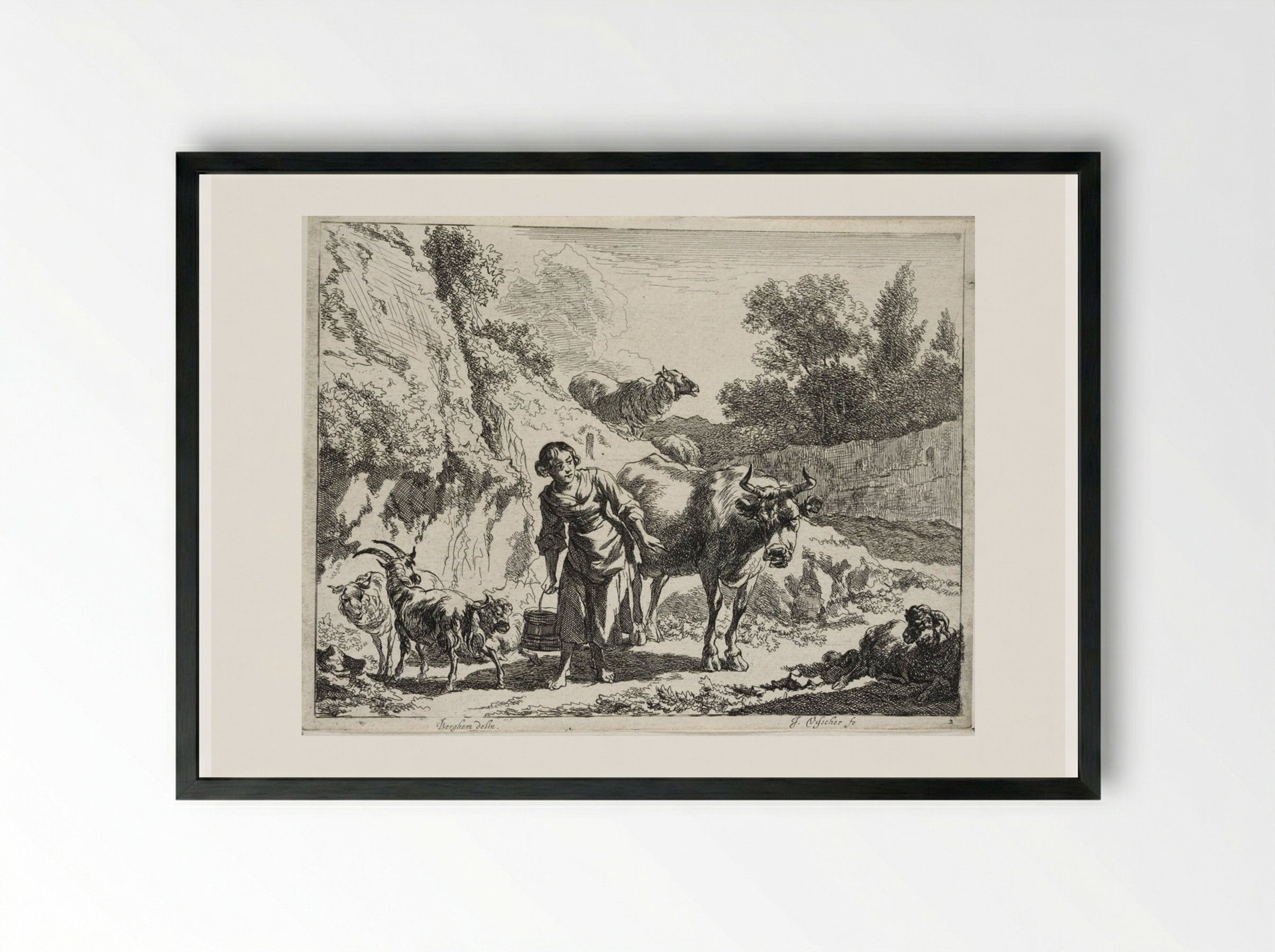 A Girl Carrying a Bucket - Johannes Visscher - Framed Print Black