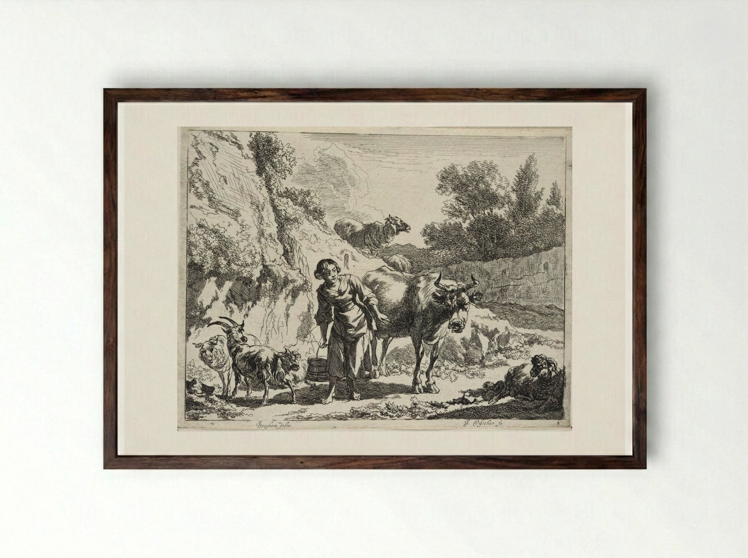 A Girl Carrying a Bucket - Johannes Visscher - Framed Print Dark Wood