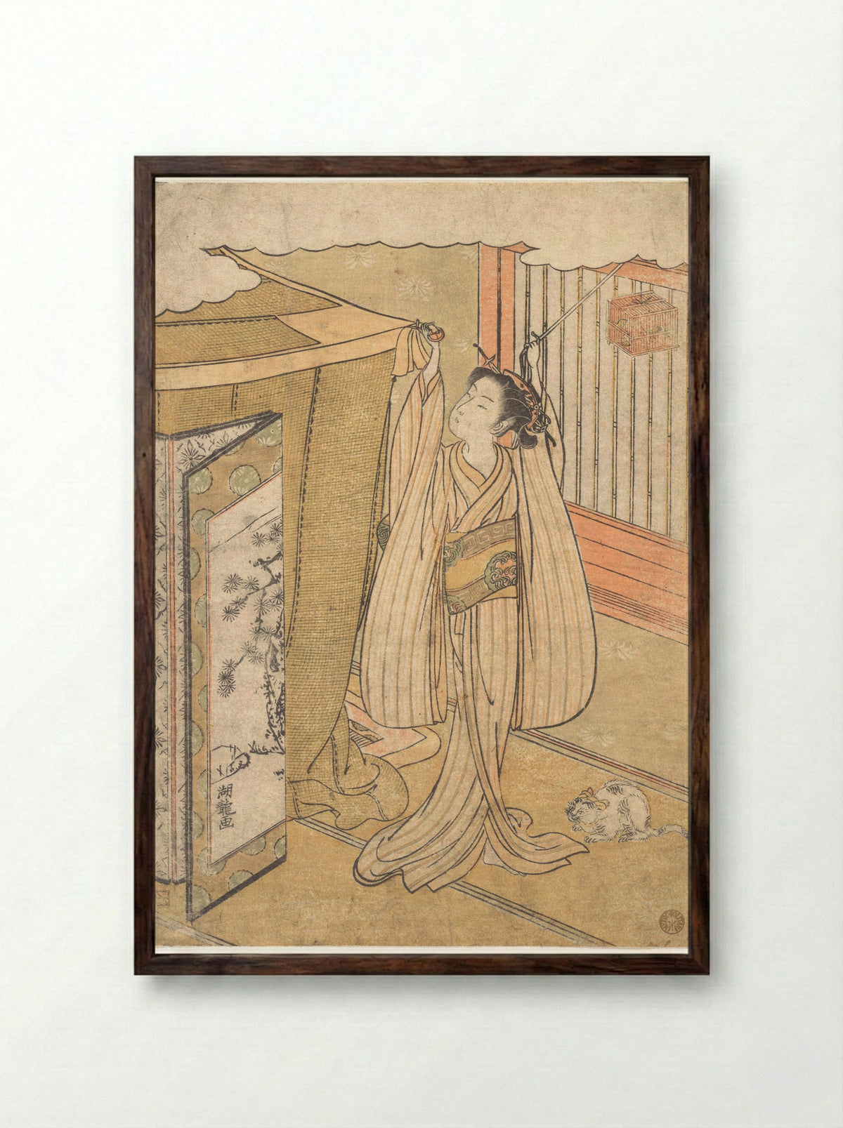 A Girl Hanging up a Mosquito Net Canopy over Her Bed - Isoda Koryūsai - Framed Print Dark Wood
