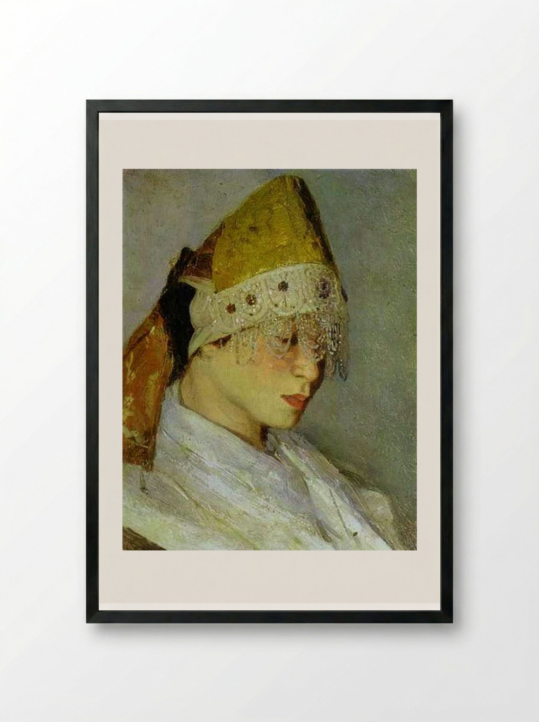 A Girl with Kokoshnik - Mikhail Nesterov - Framed Print Black