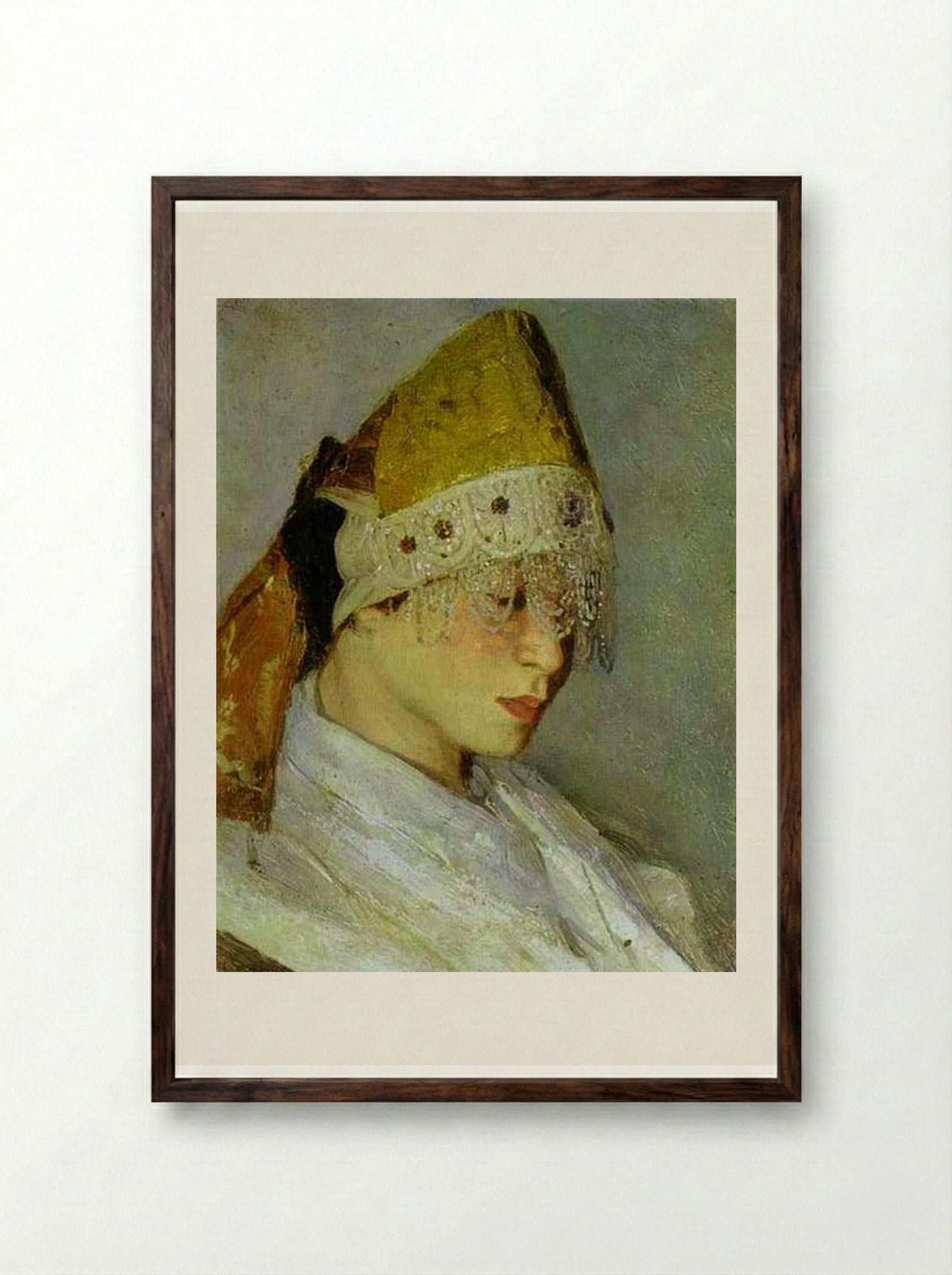 A Girl with Kokoshnik - Mikhail Nesterov - Framed Print Dark Wood