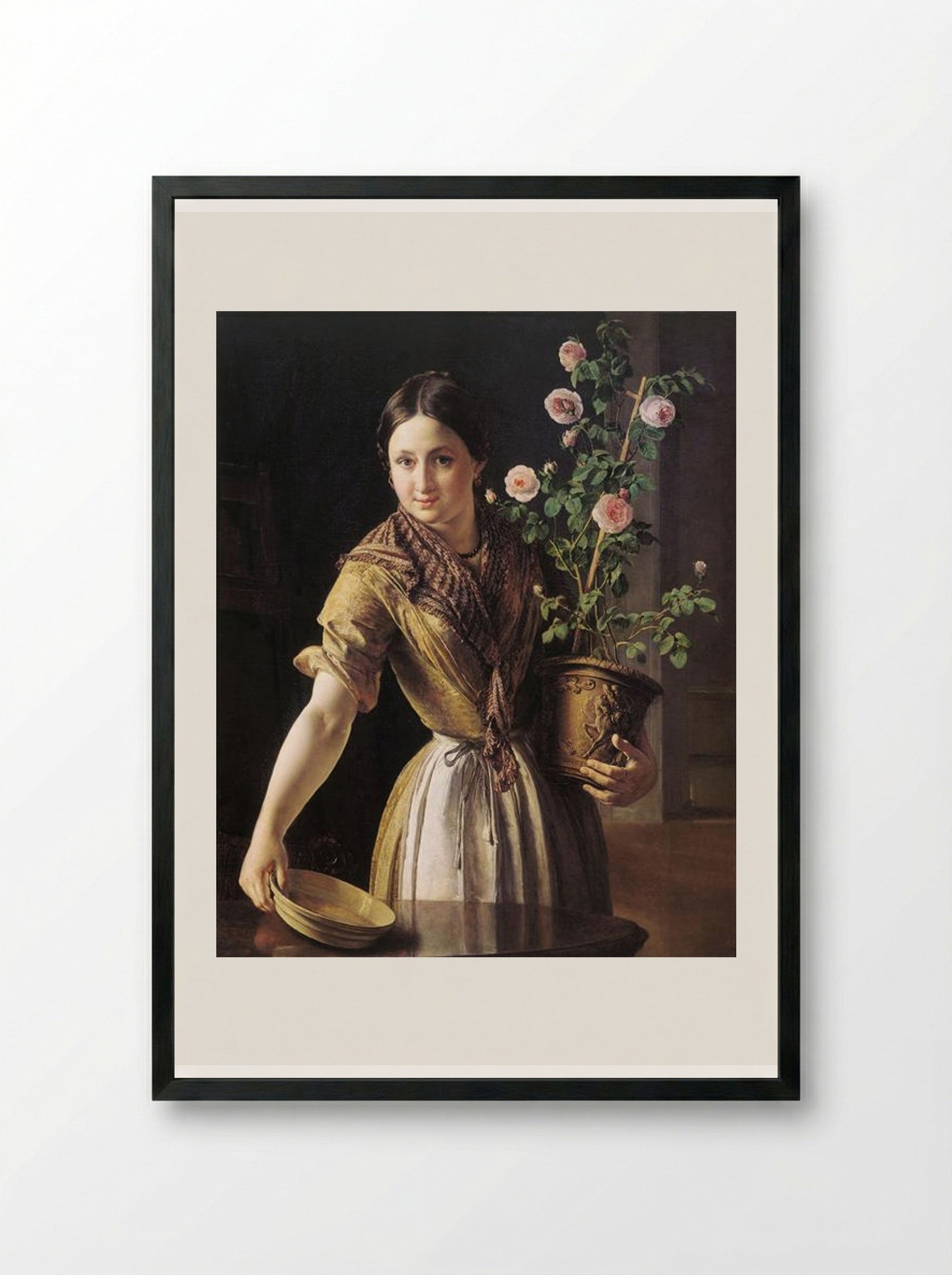 A Girl with a Pot of Roses - Vasily Tropinin - Framed Print Black