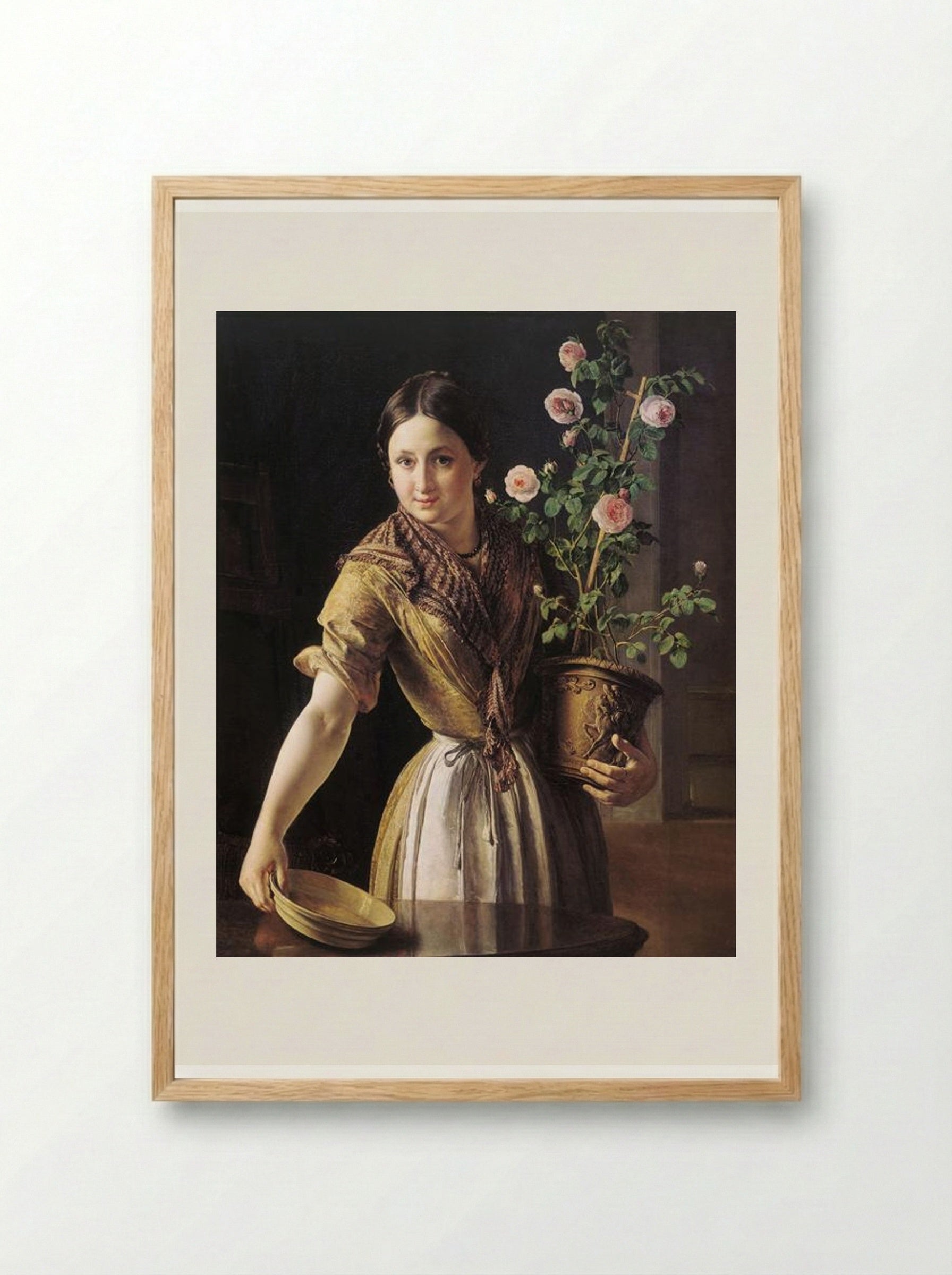 A Girl with a Pot of Roses - Vasily Tropinin - Framed Print Wood