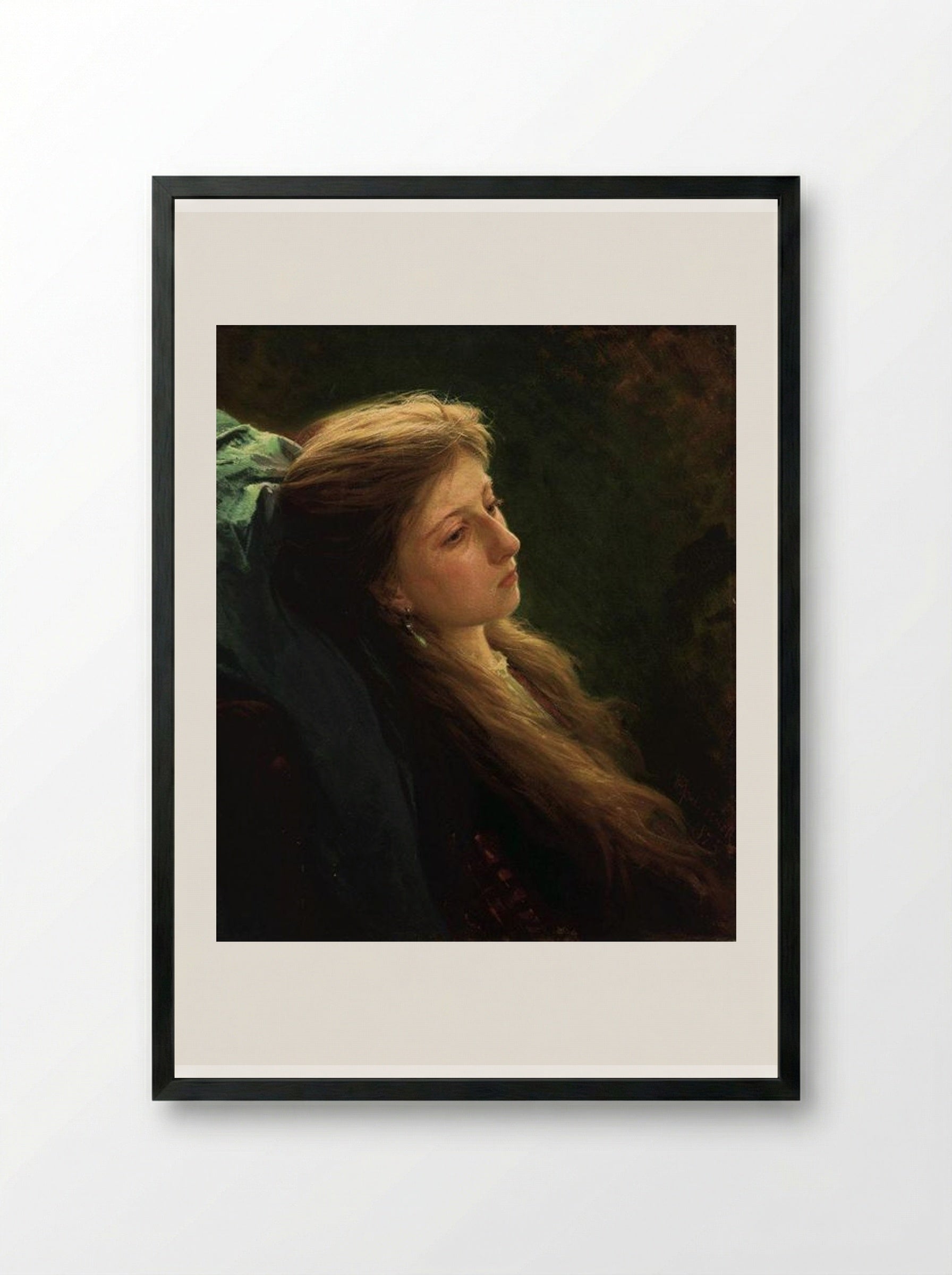 A Girl with her hair unbraided - Ivan Kramskoy - Framed Print Black