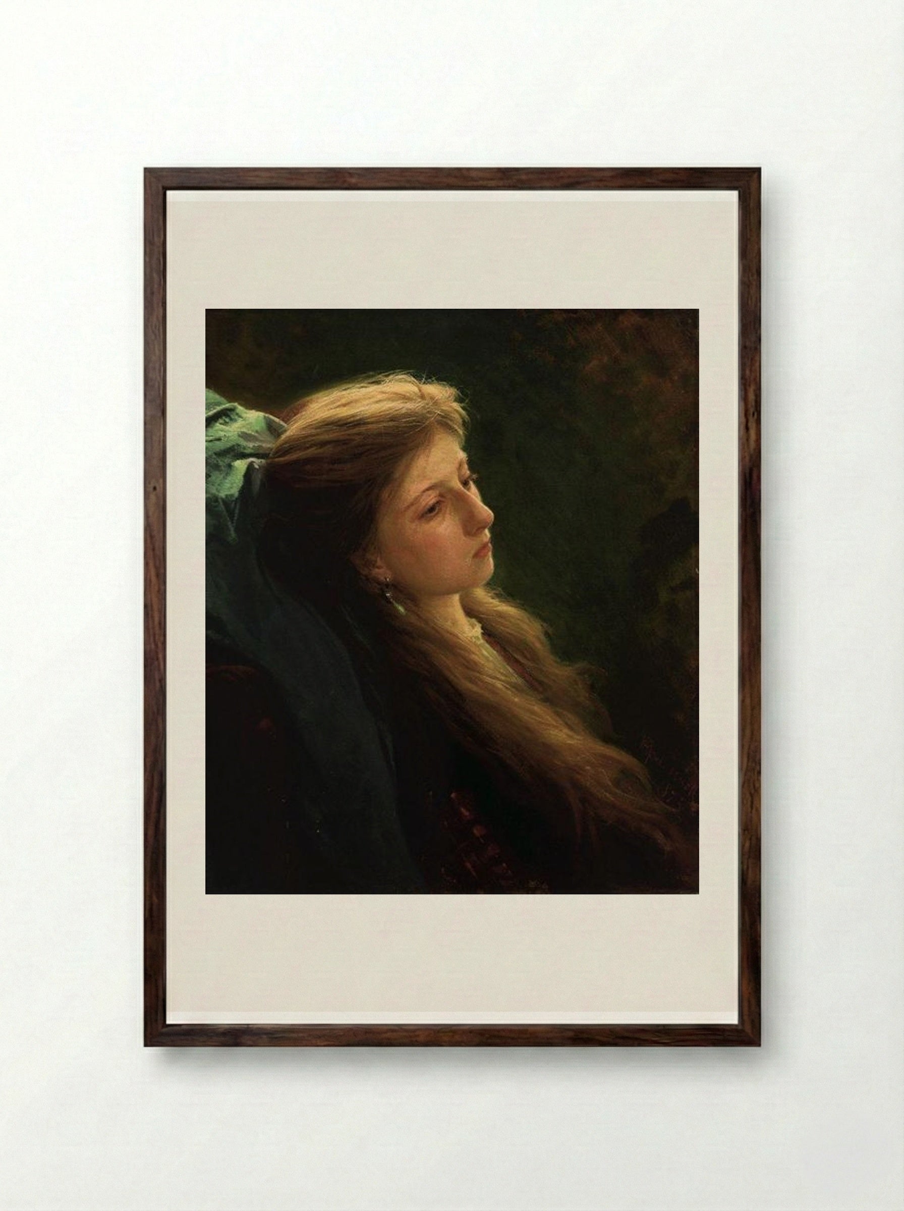 A Girl with her hair unbraided - Ivan Kramskoy - Framed Print Dark Wood
