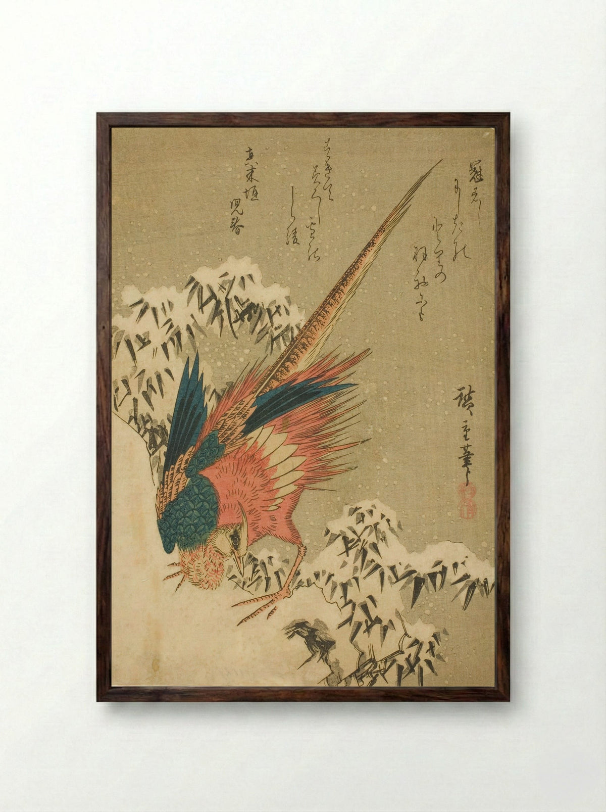 A Golden Pheasant amid Snow-Covered Bamboo on a Steep Hillside - Utagawa Hiroshige - Framed Print Dark Wood