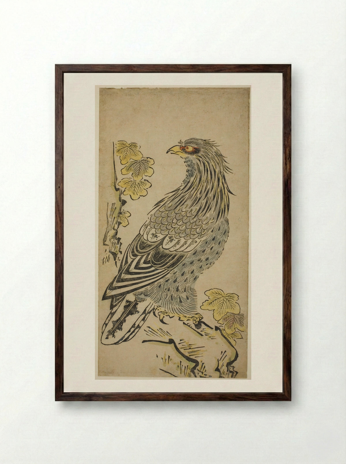 A Hawk on a Cliff near a Kiri Tree - Torii Kiyomasu I - Framed Print Dark Wood