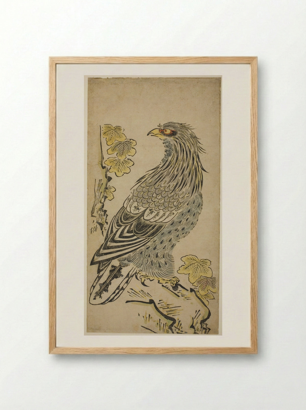 A Hawk on a Cliff near a Kiri Tree - Torii Kiyomasu I - Framed Print Wood