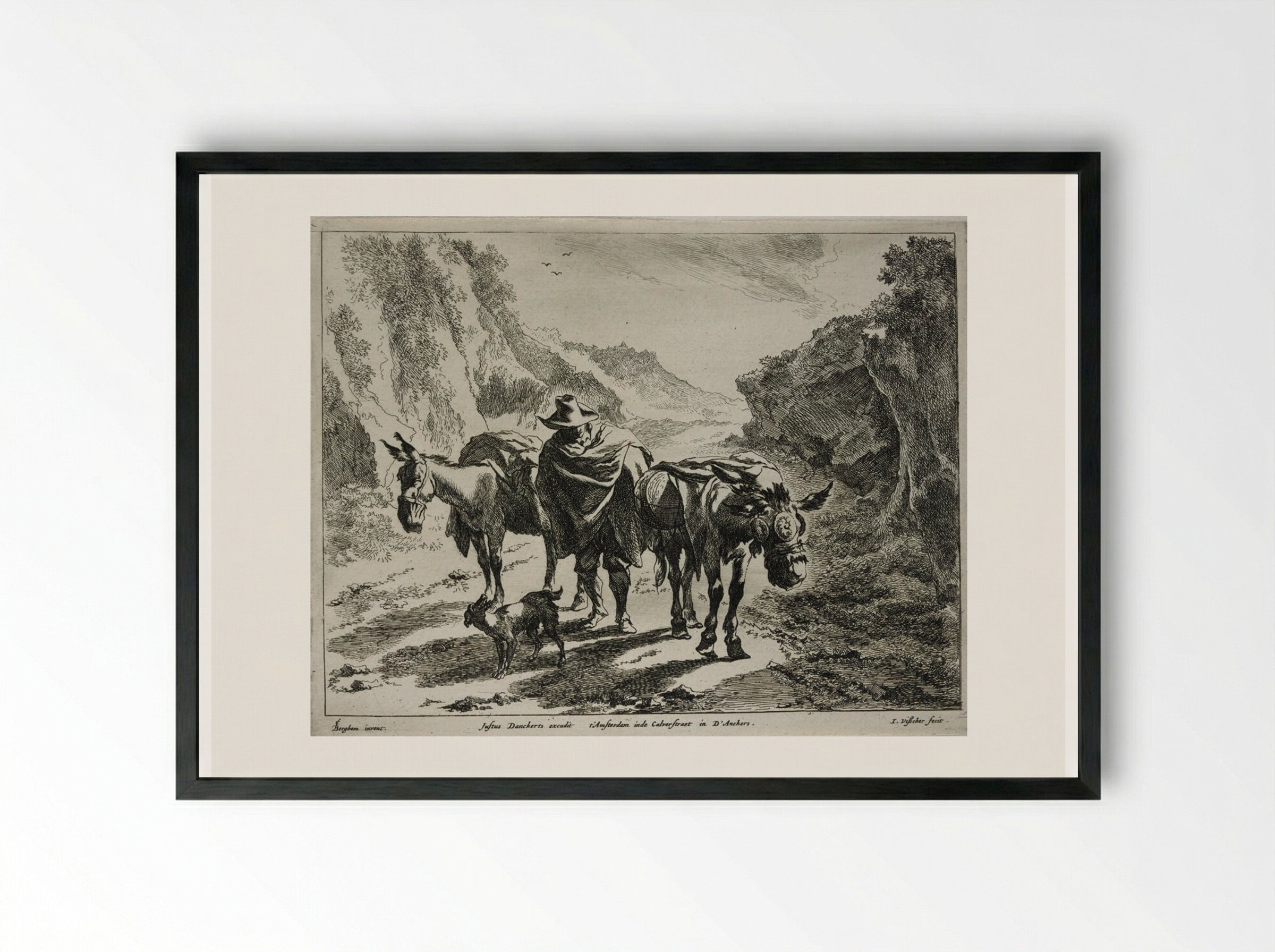 A Herdsman Guiding Two Donkeys - Johannes Visscher - Framed Print Black