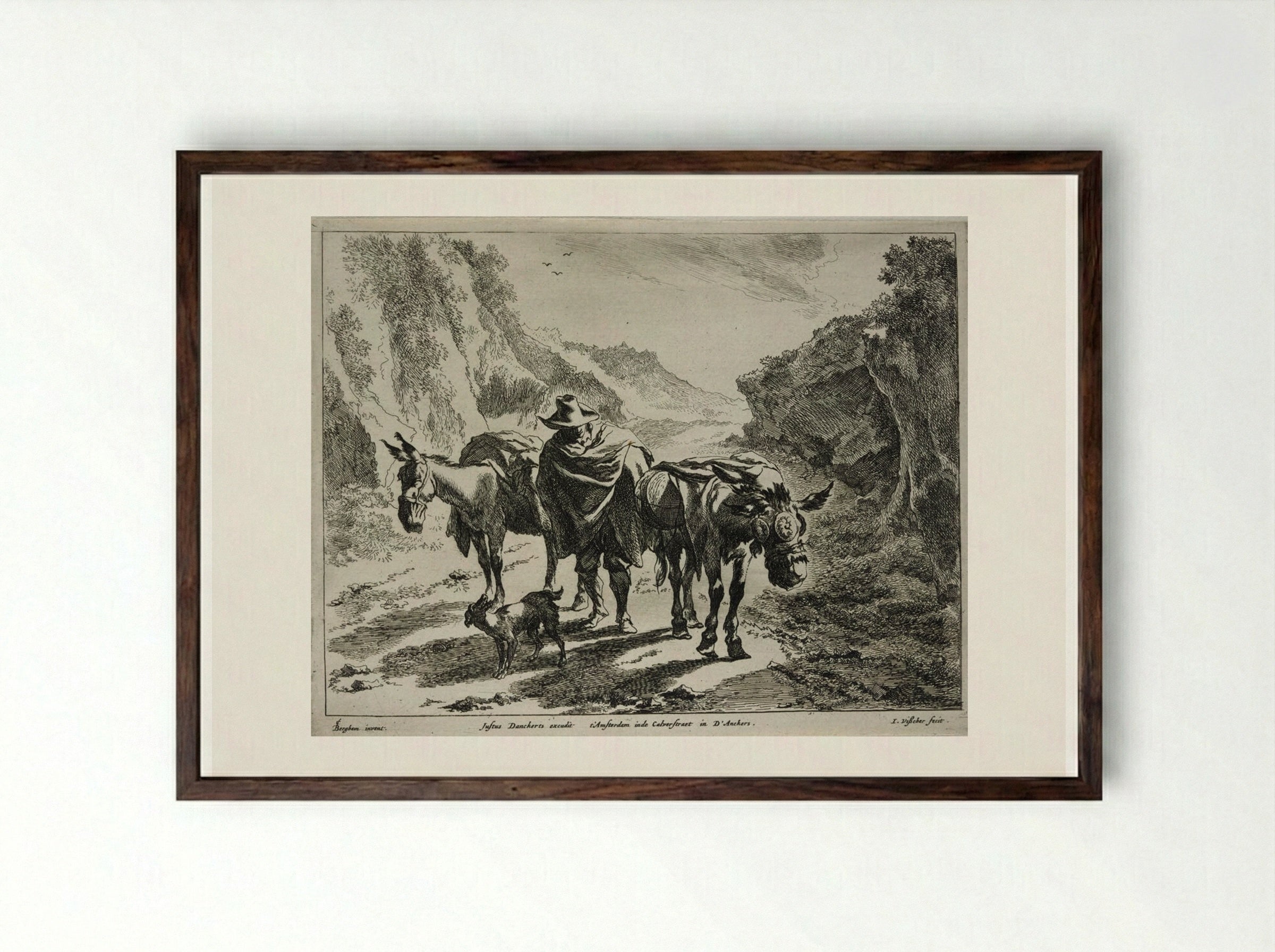 A Herdsman Guiding Two Donkeys - Johannes Visscher - Framed Print Dark Wood