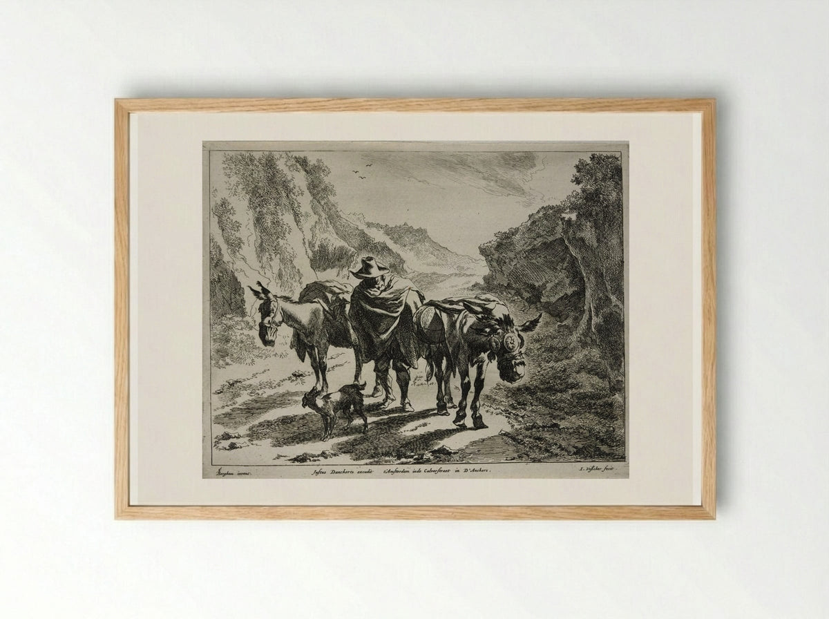 A Herdsman Guiding Two Donkeys - Johannes Visscher - Framed Print Wood