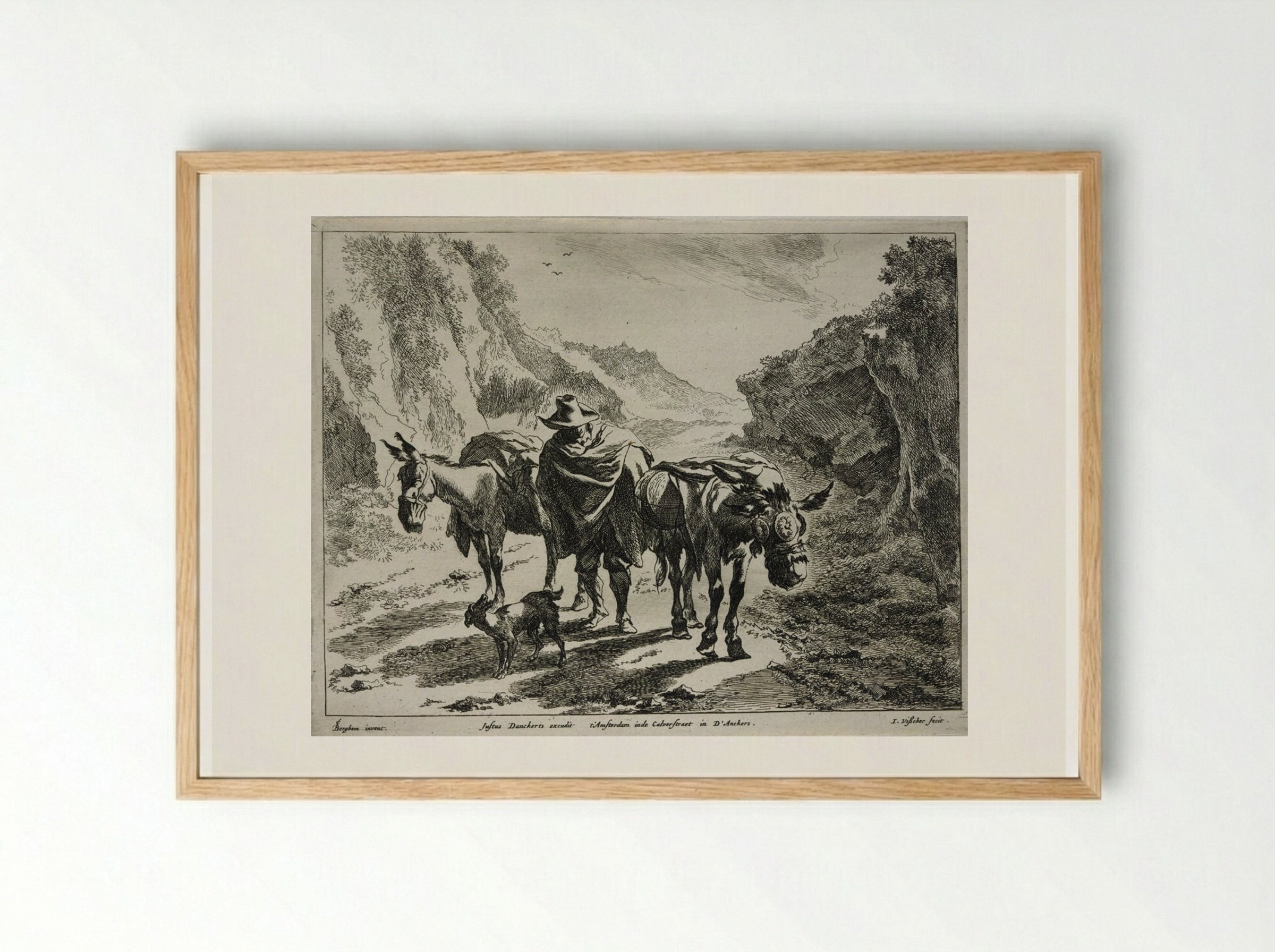A Herdsman Guiding Two Donkeys - Johannes Visscher - Framed Print Wood