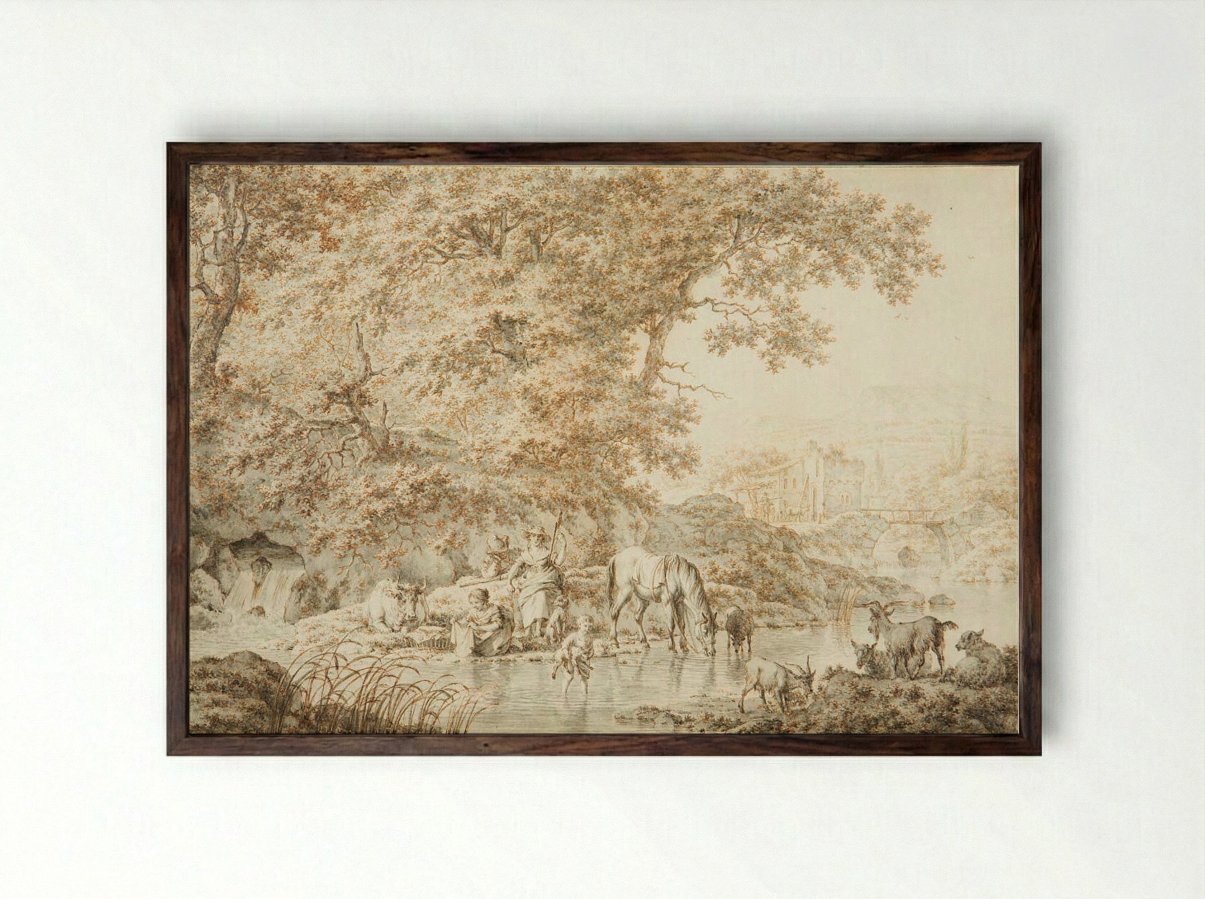 A Herdsman with his Family and Cattle by a Stream - Jacob Cats - Framed Print Dark Wood