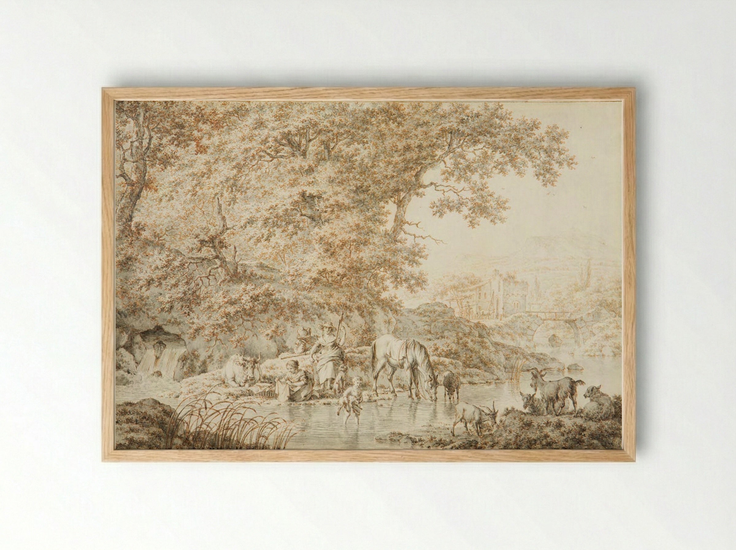 A Herdsman with his Family and Cattle by a Stream - Jacob Cats - Framed Print Wood
