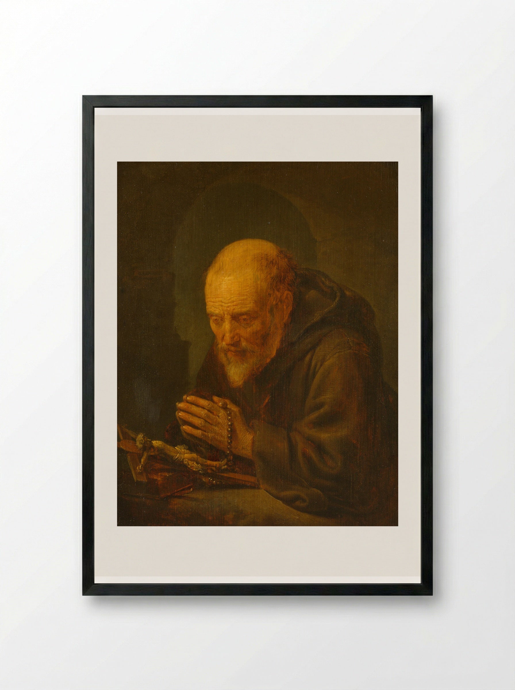 A Hermit at Prayer - Gerrit Dou - Framed Print Black