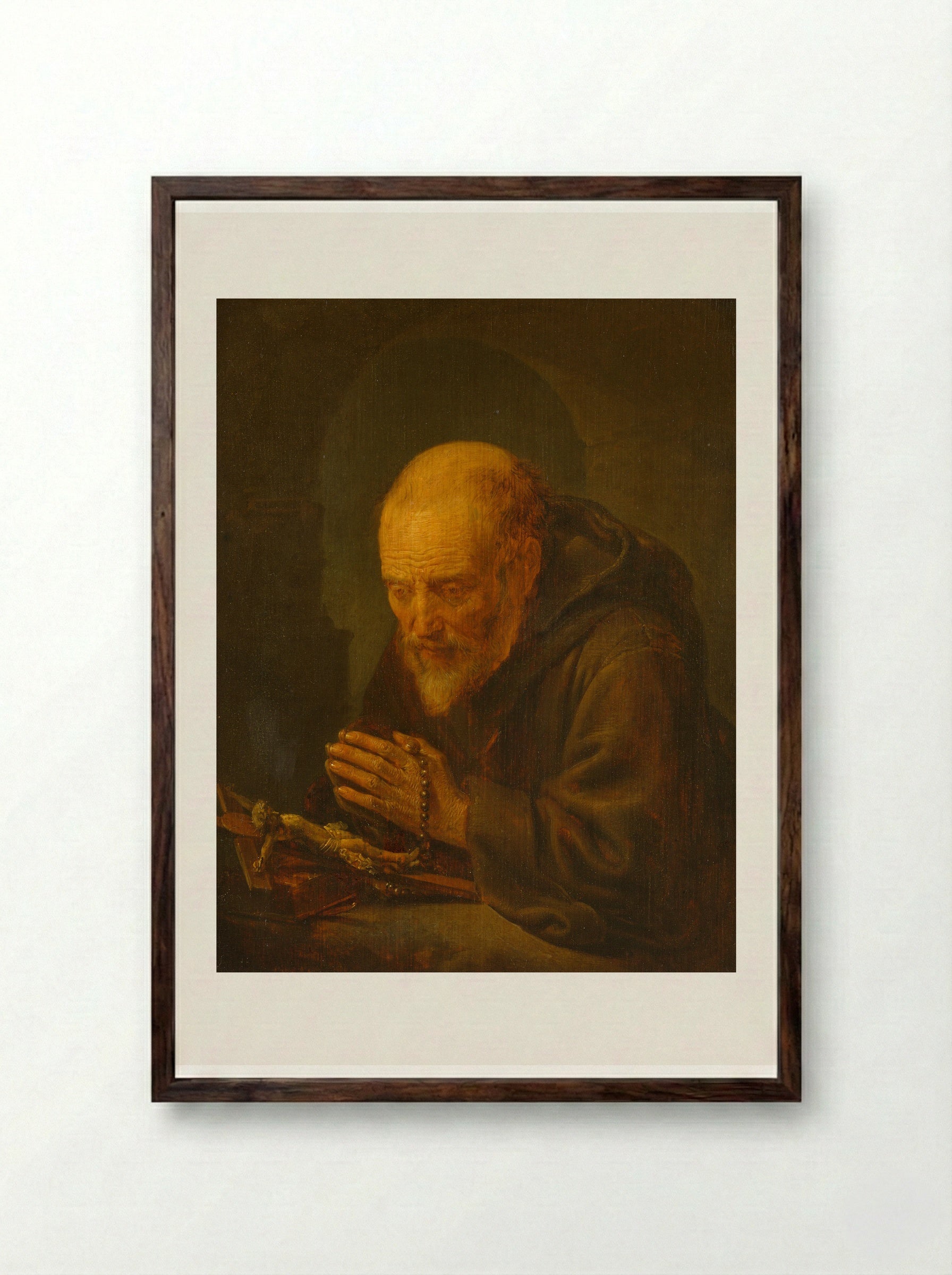 A Hermit at Prayer - Gerrit Dou - Framed Print Dark Wood