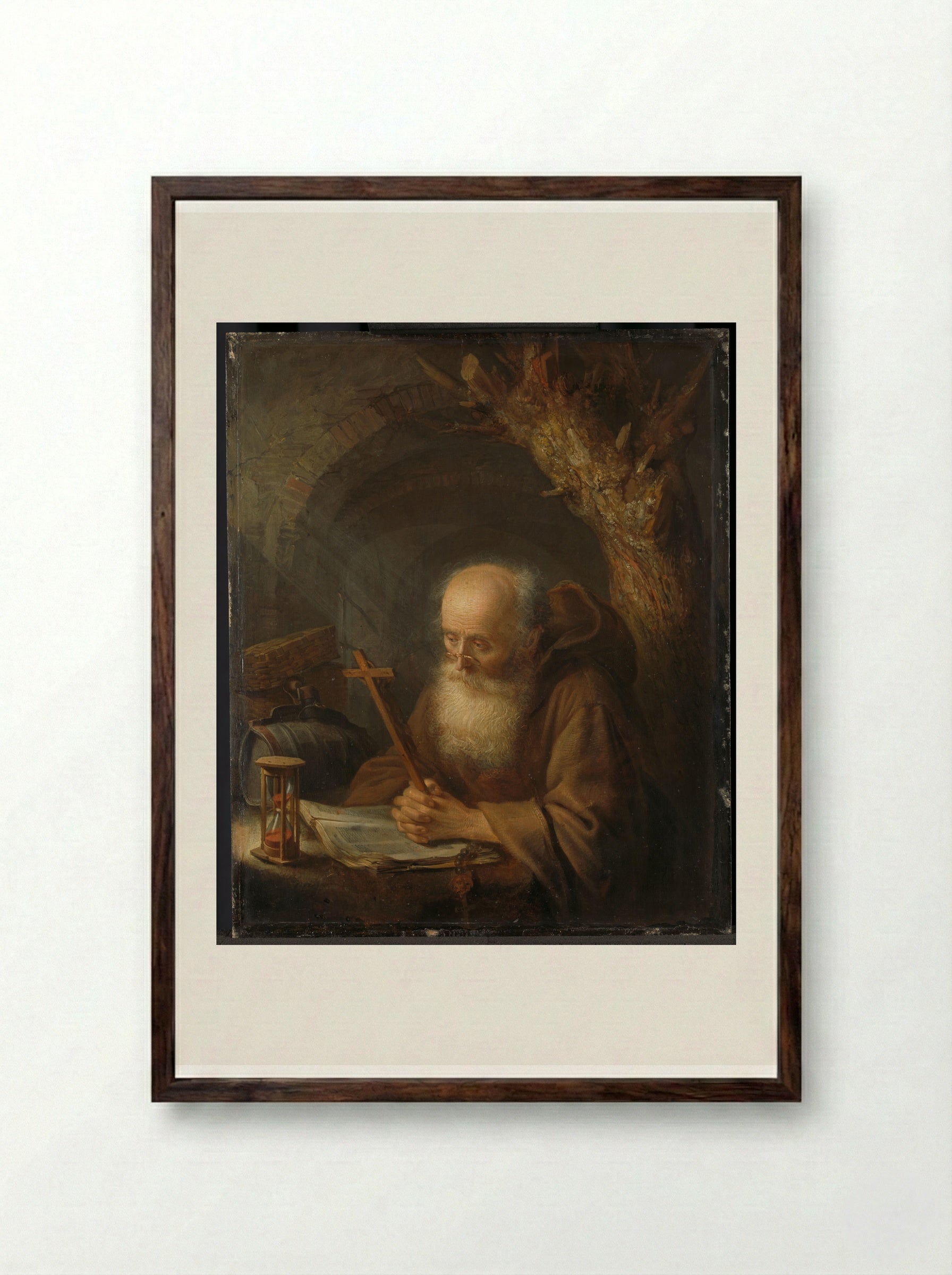 A Hermit - Gerrit Dou - Framed Print Dark Wood